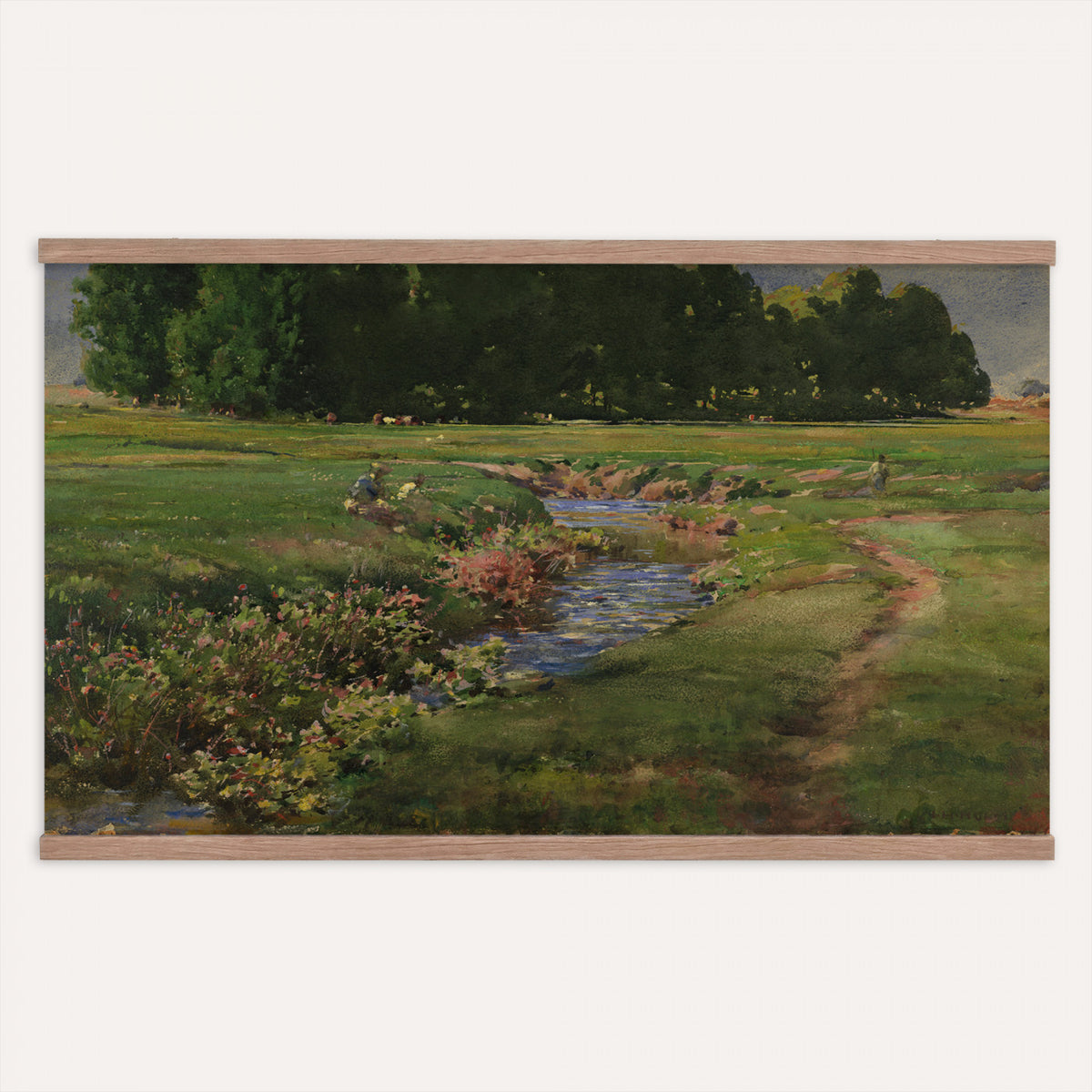 28805531-MGV-TP-30X20 - Tonalism watercolor tapestry wall hanging of "The Babbling Brook" by William Henry Holmes, showing a small brook running through open meadow grass, with soft banks, low shrubs, and a gentle rise beyond in fresh meadow greens with pale blue water and a soft light sky. Extra large wall art, made in the USA.