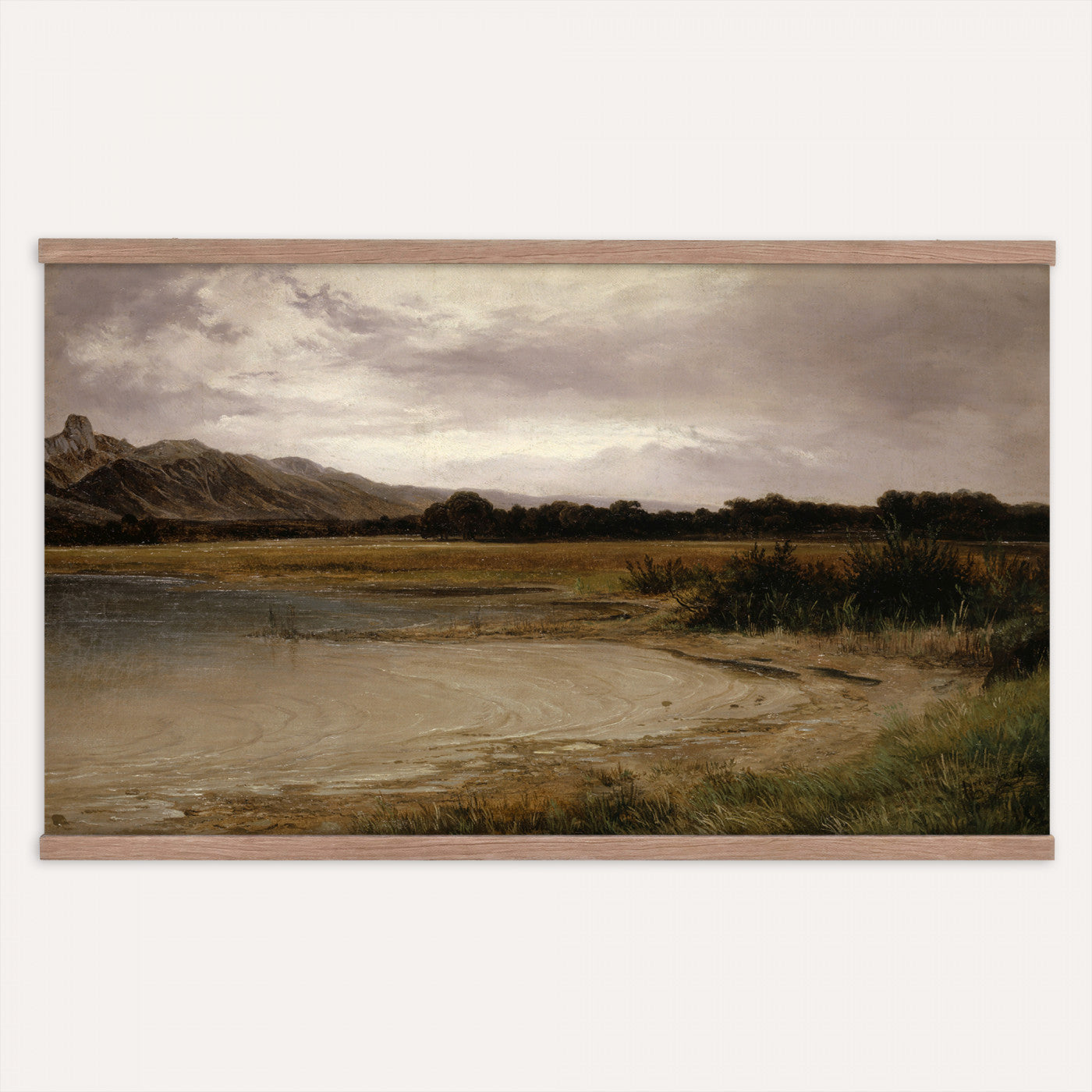 59141025-MGV-TP-30X20 - Romanticism oil study tapestry wall hanging of "A Lake Landscape" by Joseph Selleny, showing a still mountain lake under gathering storm clouds, with steep dark slopes falling straight into the water in deep slate blue water and dark mountain slopes under a heavy grey sky. Extra large wall art, made in the USA.