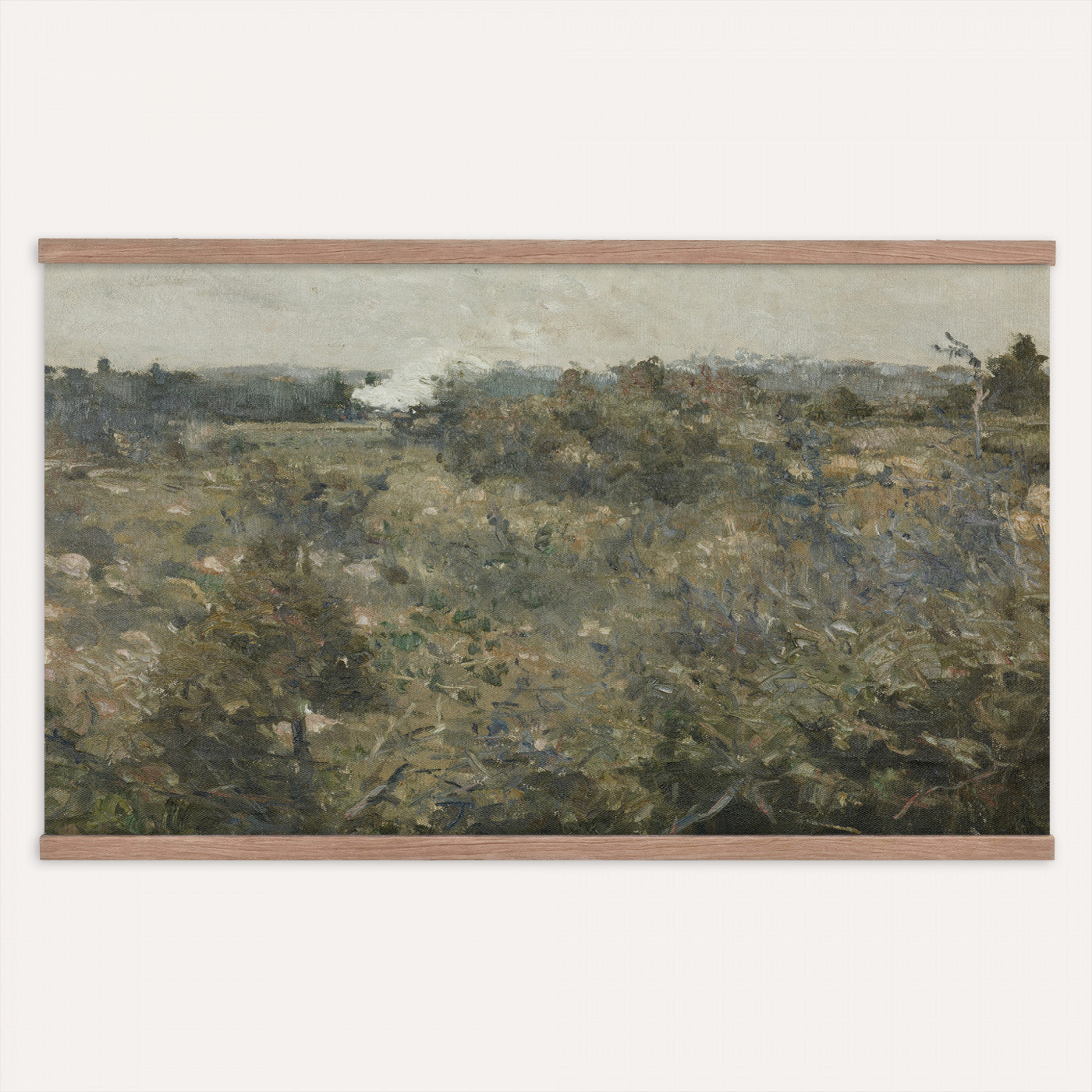 17414183-MGV-TP-30X20 - Realism oil study tapestry wall hanging of "Landscape Study at Grez-sur-Loing" by Frans Van Leemputten, showing an open field study at Grez-sur-Loing, with loose brushwork across low crops, hedgerows, and a soft French sky in soft field greens and warm earth tones under a pale washed sky. Extra large wall art, made in the USA.