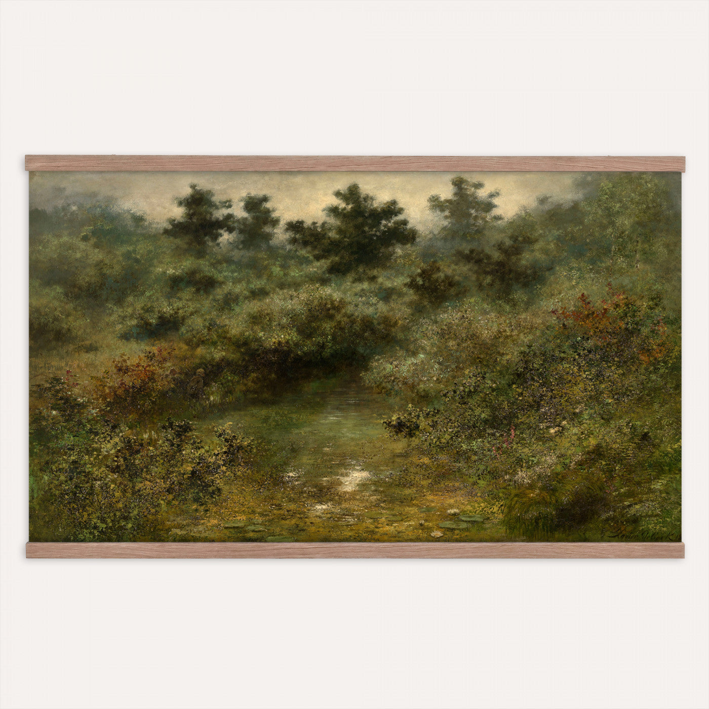 66880646-MGV-TP-30X20 - Barbizon oil painting tapestry wall hanging of "By the Brook" by Xavier De Cock, showing a shaded brook winding through dense woodland, with a small hidden figure resting among the trees in dark layered forest greens with warm brown earth and pale water light. Extra large wall art, made in the USA.