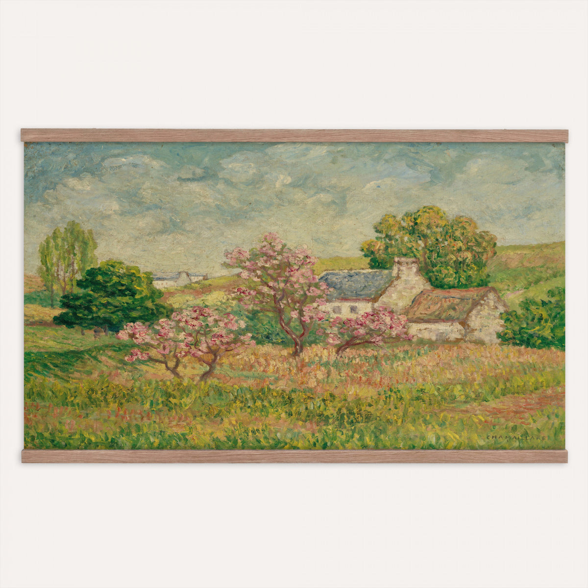 67494912-MGV-TP-30X20 - Post Impressionism oil painting tapestry wall hanging of "Spring" by Ernest de Chamaillard, showing a stone Breton cottage behind a blossoming tree in full pink bloom, with a bright spring garden around it in soft pink blossoms against grey stone walls and new spring green. Extra large wall art, made in the USA.