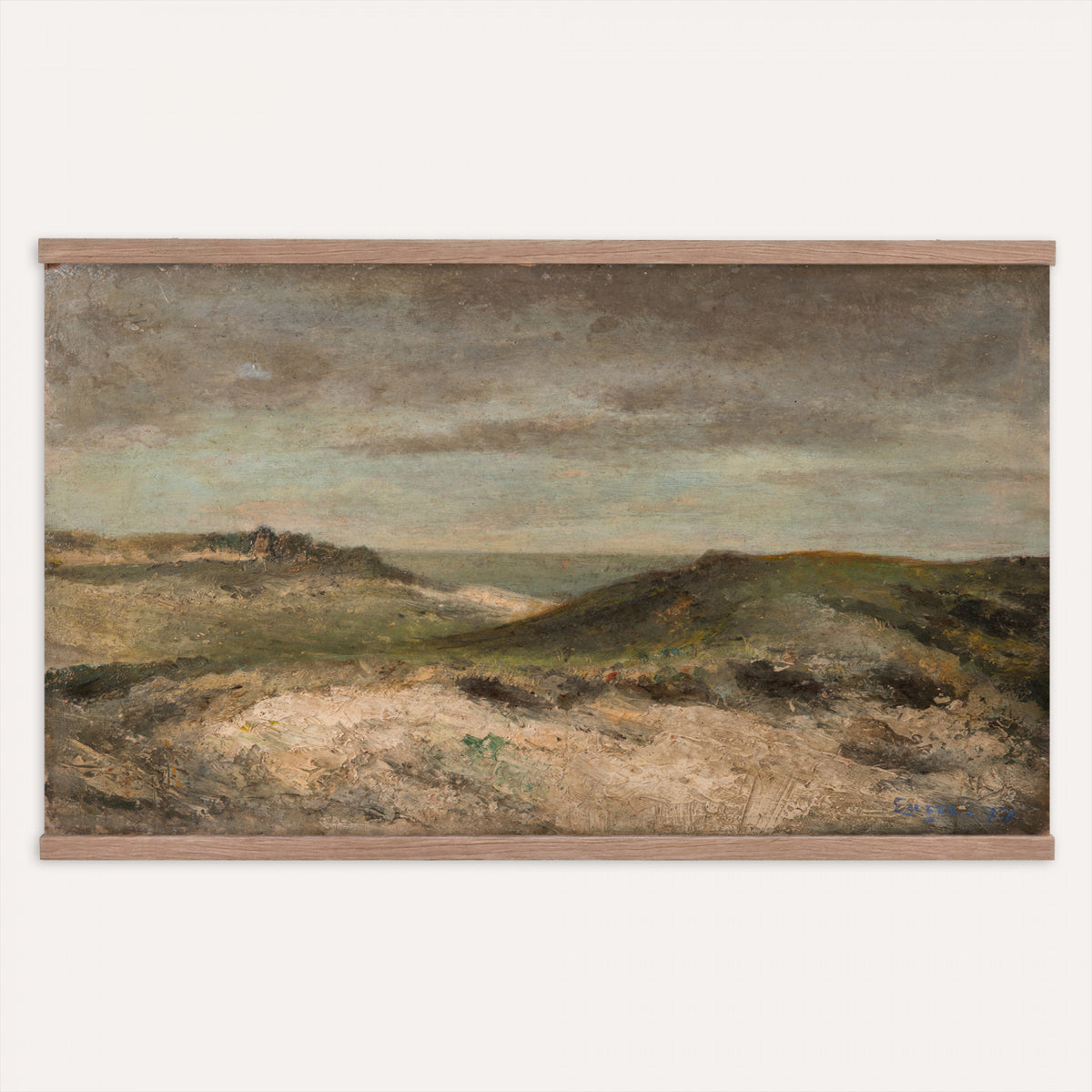 68383237-MGV-TP-30X20 - Expressionism oil painting tapestry wall hanging of "Dunes" by James Ensor, showing a steep dune ridge cutting across the canvas, with wind-bent grasses and a heavy sky pressing down behind it in muted sand and olive dune tones under a dark weighted sky. Extra large wall art, made in the USA.