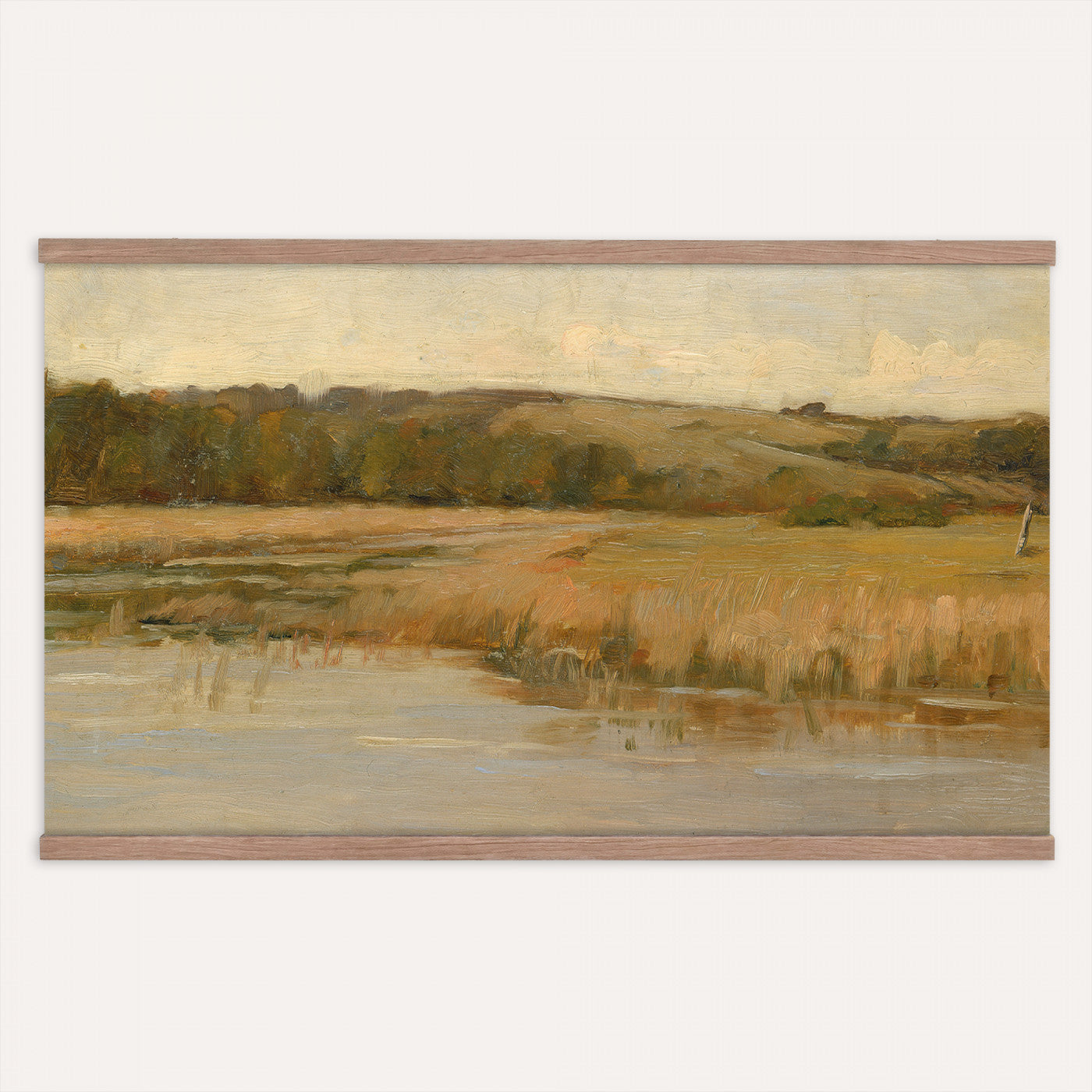 94353895-MGV-TP-30X20 - Tonalism oil painting tapestry wall hanging of "Hill and Marshland" by Charles Harold Davis, showing a low marsh threaded with still water channels, tall reeds, and a rounded hill under a wide luminous sky in muted marsh greens and browns under a wide pale luminous sky. Extra large wall art, made in the USA.
