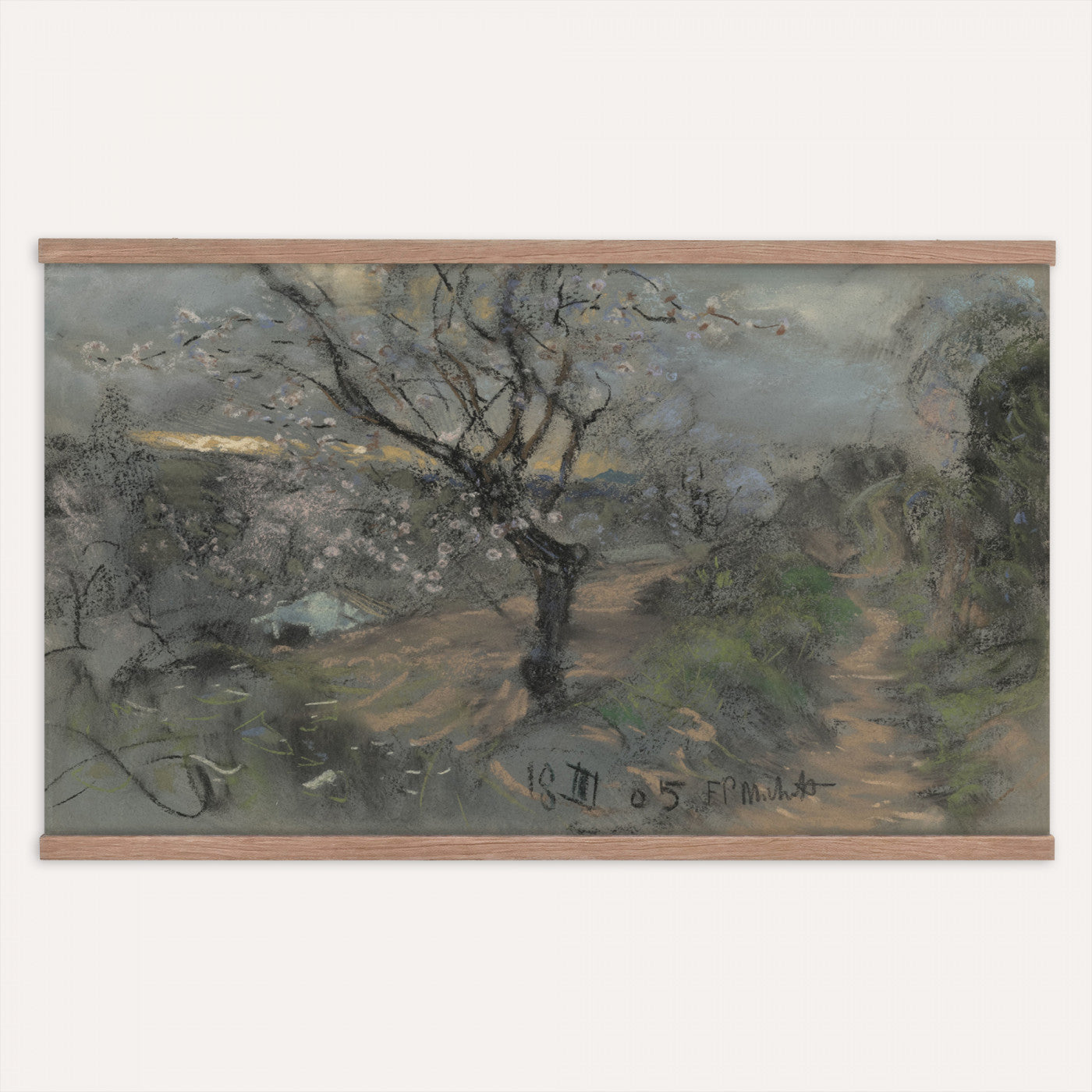 39102913-MGV-TP-30X20 - Realism charcoal and pastel sketch tapestry wall hanging of "Fields with Trees in Blossom" by Francesco Paolo Michetti, showing a dark country road running between blossoming trees, drawn in heavy charcoal under a low stormy sky in deep charcoal greys and blacks with pale blossom highlights. Extra large wall art, made in the USA.