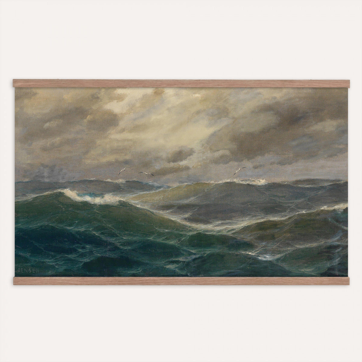 93539190-MGV-TP-30X20 - Realism oil painting tapestry wall hanging of "Stormy Sea" by Alfred Jensen, showing heavy breaking waves rolling under a dark storm sky, with white foam catching the last light on the water in deep grey-green waves with white foam under a heavy storm sky. Extra large wall art, made in the USA.