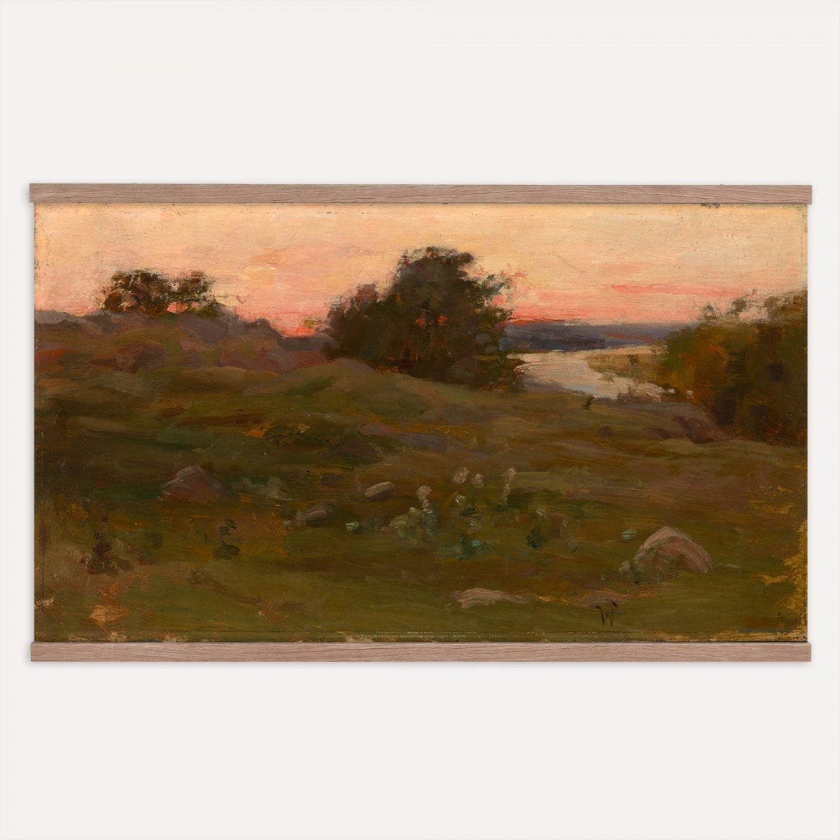 10518057-MGV-TP-30X20 - Tonalism oil painting tapestry wall hanging of "Landscape" by Max Weyl, showing a slow river catching a pink sunset, soft meadow grasses, and dark tree silhouettes along the far bank in warm pink and apricot sky tones over muted green meadow and dark trees. Extra large wall art, made in the USA.