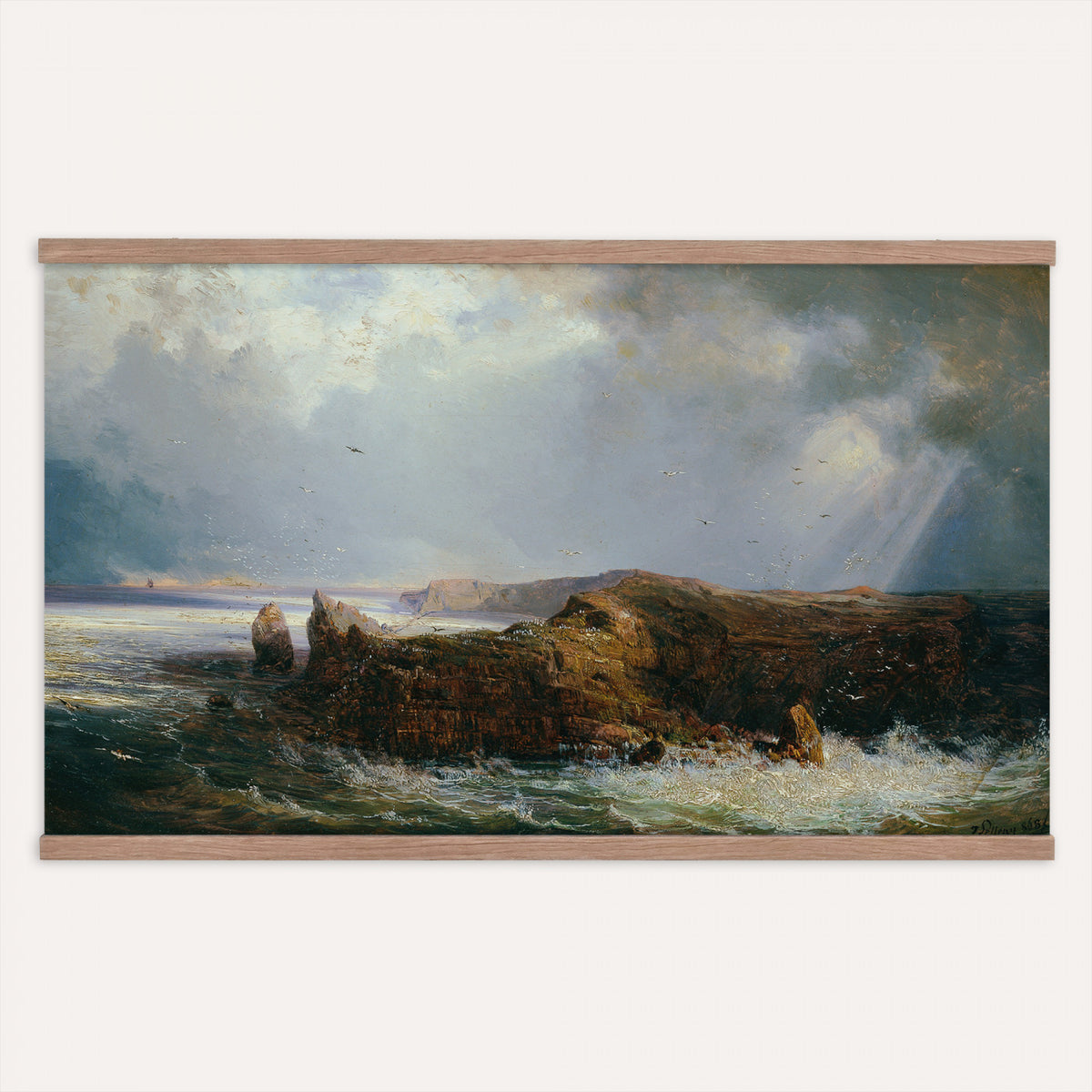 14088110-MGV-TP-30X20 - Romanticism oil study tapestry wall hanging of "Die Insel St Paul" by Joseph Selleny, showing the volcanic island of Saint Paul rising from a restless Indian Ocean, with breaking surf against dark rock walls in dark volcanic rock and grey-green ocean swells under a stormy sky. Extra large wall art, made in the USA.