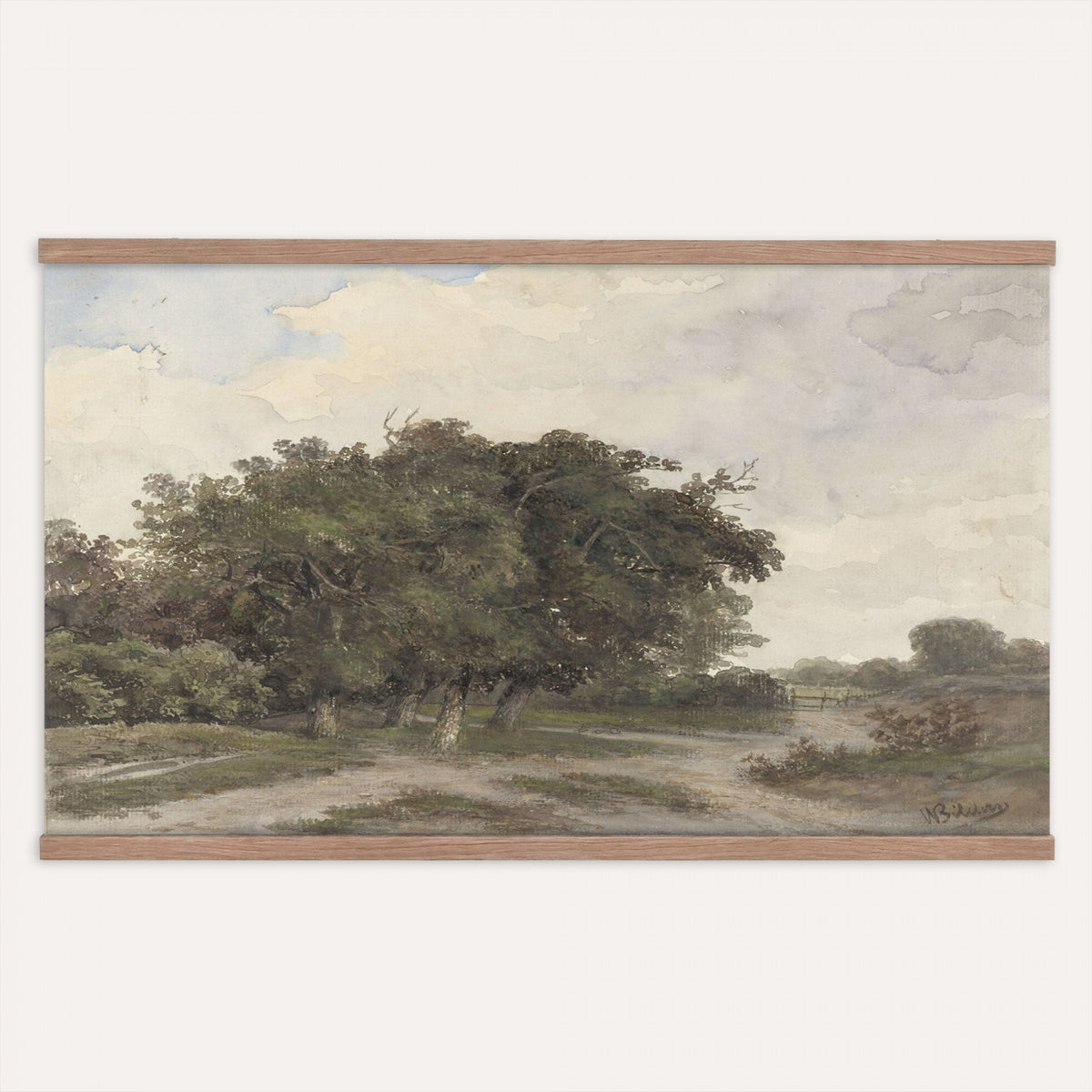 73613327-MGV-TP-30X20 - Realism oil painting tapestry wall hanging of "Landscape with Trees" by Johannes Warnardus Bilders, showing tall old trees along a quiet woodland path, with dappled light falling through the canopy onto open ground in warm brown trunks and layered green foliage under a soft grey sky. Extra large wall art, made in the USA.