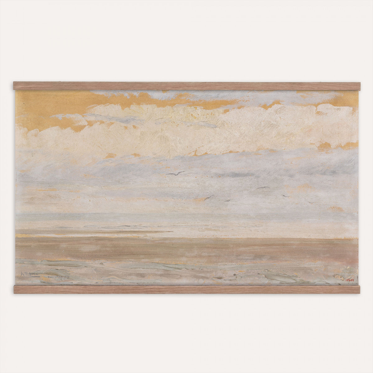 84110612-MGV-TP-30X20 - Art Nouveau pastel study tapestry wall hanging of "The Immensity" by Antoni Fabres, showing a wide empty shoreline meeting a soft pastel sky, with slow drifting clouds and a barely visible horizon line in pale pink, cream, and soft blue cloud tones over a quiet shore. Extra large wall art, made in the USA.