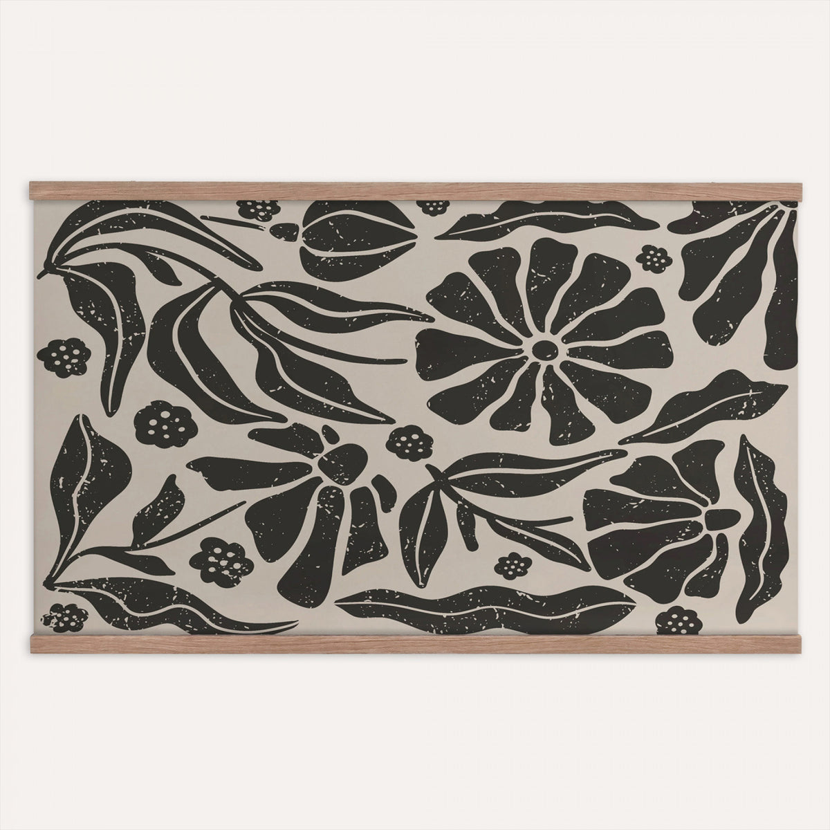 21342917-MGV-TP-30X20 - Mid Century Modern linocut print tapestry wall hanging of "Abstract Floral Linocut", showing simplified flower heads and stems cut into bold black shapes against clean white space in bold black shapes on a bright white ground. Extra large wall art, made in the USA.
