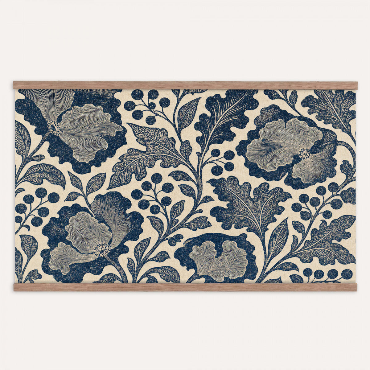 97130377-MGV-TP-30X20 - Art Nouveau pattern design tapestry wall hanging of "Indigo Botanical Pattern" by William Morris, showing trailing indigo stems, open blossoms and curling leaves repeating across the full width in deep indigo and cobalt blue with soft cream linework. Extra large wall art, made in the USA.