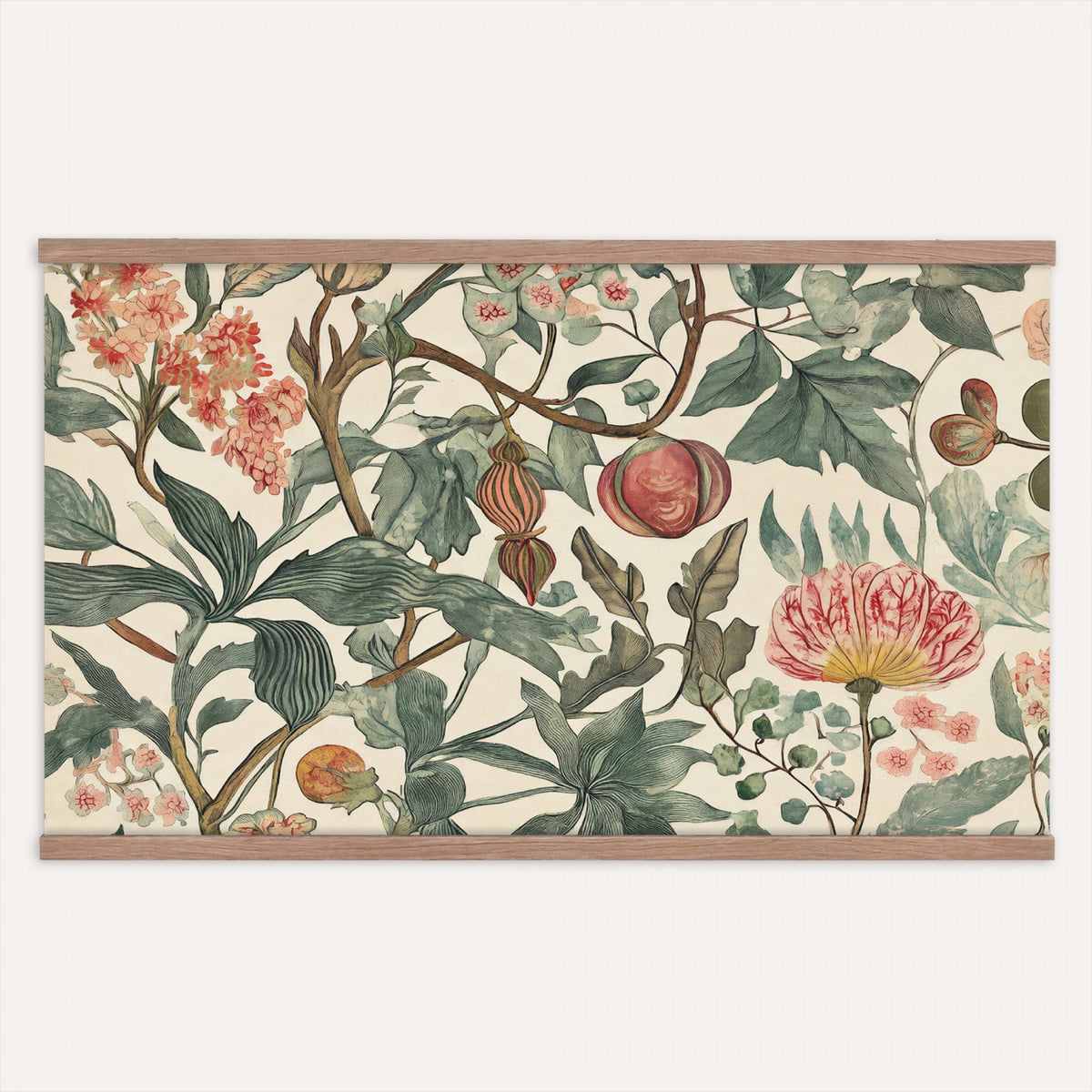 67322868-MGV-TP-30X20 - Art Nouveau pattern design tapestry wall hanging of "Pomegranate Botanical Pattern" by William Morris, showing a repeating weave of pomegranates, open blossoms and curling acanthus leaves in perfect balance in warm ruby fruit and deep green foliage on a cream ground. Extra large wall art, made in the USA.