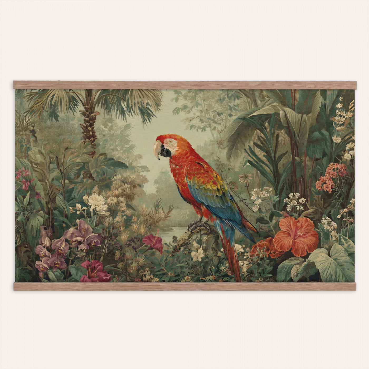 75232040-MGV-TP-30X20 - Botanical botanical illustration tapestry wall hanging of "Scarlet Macaw in the Jungle", showing a scarlet macaw perched among hibiscus flowers, palm leaves and thick rainforest growth in bright scarlet and gold plumage against deep jungle green. Extra large wall art, made in the USA.