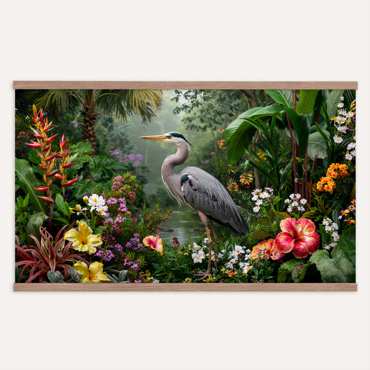 82504330-MGV-TP-30X20 - Botanical botanical illustration tapestry wall hanging of "Great Blue Heron in the Jungle", showing a great blue heron standing among hibiscus blooms, palm fronds and dense tropical foliage in deep jungle greens with red hibiscus and soft blue heron plumage. Extra large wall art, made in the USA.