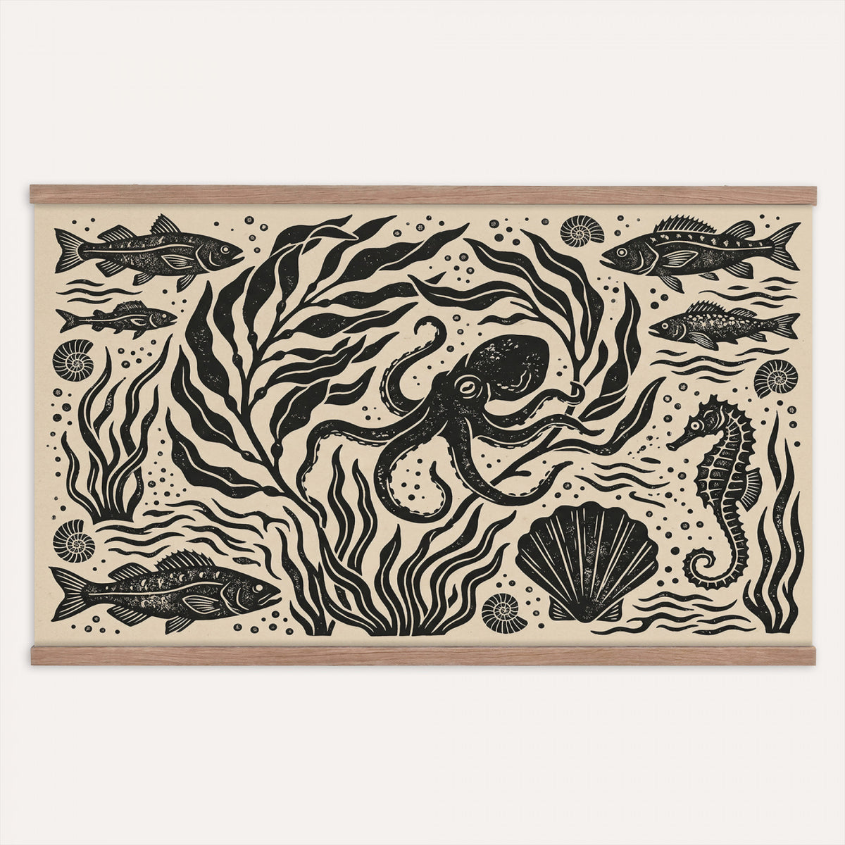 75988079-MGV-TP-30X20 - Folk Art linocut print tapestry wall hanging of "Ocean Life Panel", showing an octopus, seahorses, shells and curling waves cut into bold black and white folk art shapes in bold black linocut shapes on a cream ground. Extra large wall art, made in the USA.