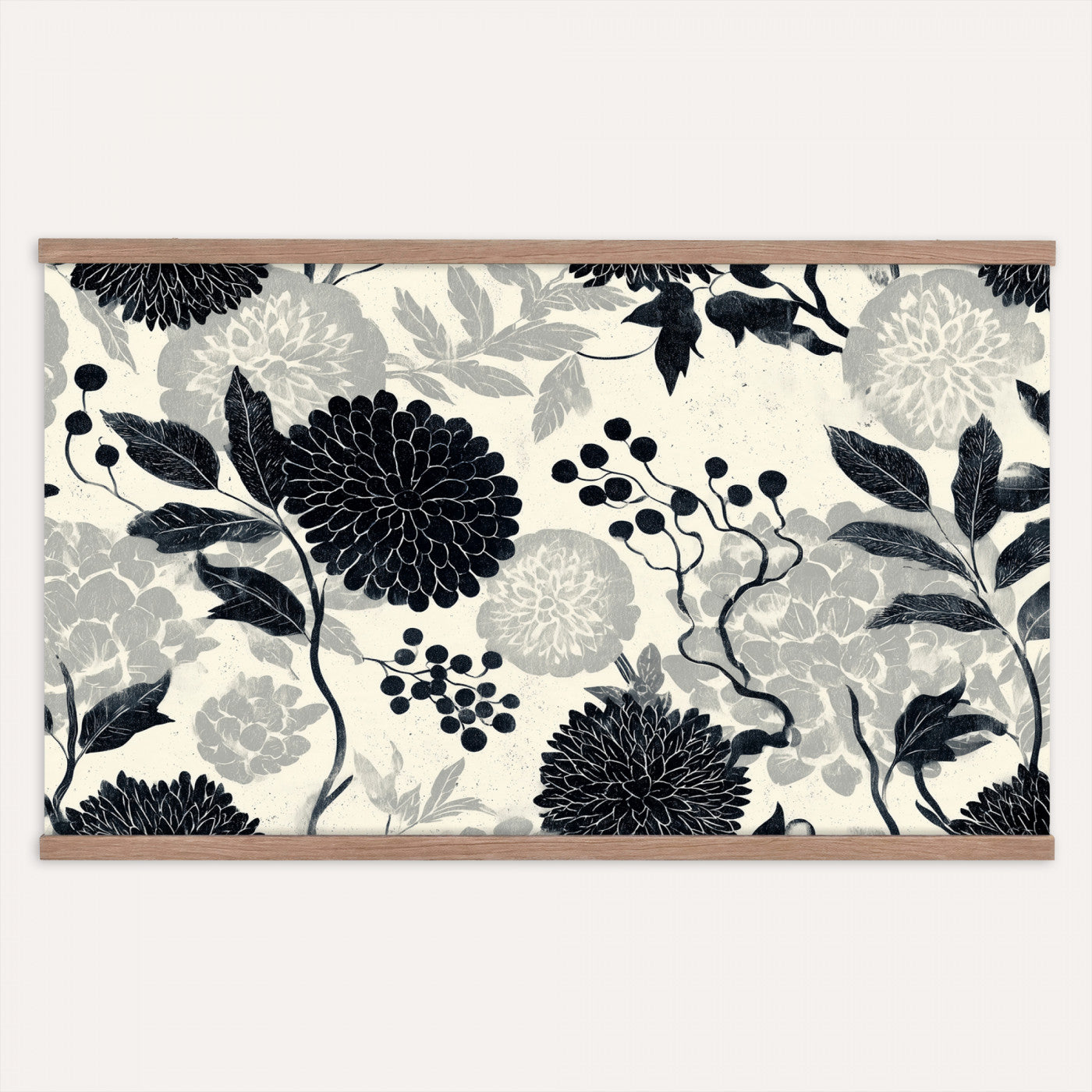 27269625-MGV-TP-30X20 - Chinoiserie ink block print tapestry wall hanging of "Chinoiserie Peony and Chrysanthemum Panel", showing peonies and chrysanthemums layered across a soft grey field, drawn in muted black line in black and soft grey linework on a warm neutral ground. Extra large wall art, made in the USA.