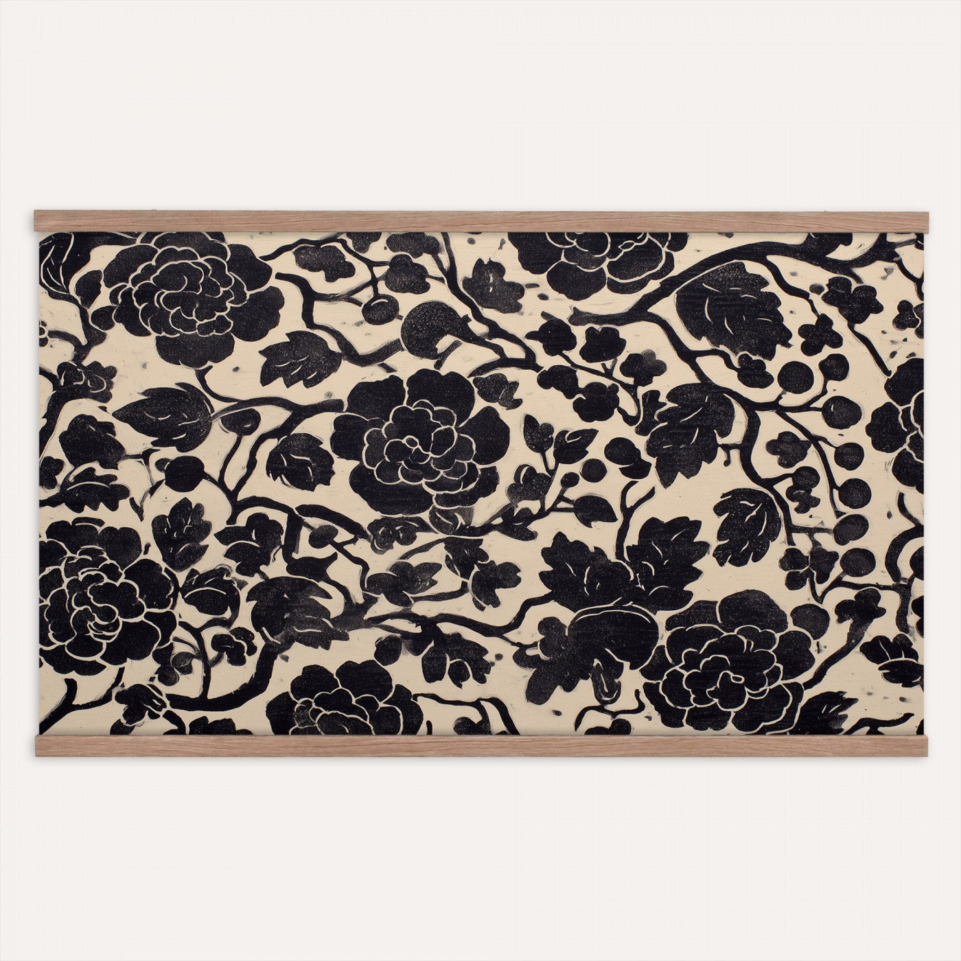 18660803-MGV-TP-30X20 - Chinoiserie ink block print tapestry wall hanging of "Chinoiserie Peony Panel", showing full peony blooms, curling stems and layered leaf work drawn in fine black line on a pale ground in deep black linework on a soft white ground. Extra large wall art, made in the USA.