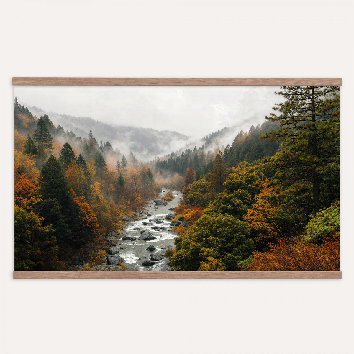 95540697-MGV-TP-30X20 - Misty River Mountain Valley Canvas Wall Art - Autumn Forest Landscape Nature Print
