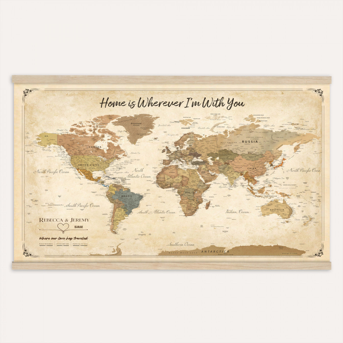 40086165-T-MGV-TP-30X20 - Framed Vintage Custom World Map Tapestry Print - Personalized Travel Map Wall Art Tapestry
