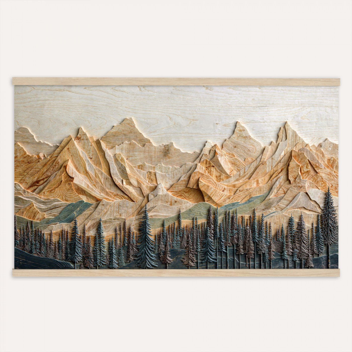 66676213-MGV-TP-30X20 - Geometric Wood Mountain Wall Art Canvas Print, 3D Look Rustic Mosaic Landscape Print
