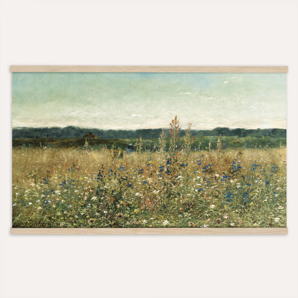 78325586-MGV-TP-30X20 - Realism oil painting tapestry wall hanging of "Champ fleuri" by Antoine Chintreuil, showing a wide flowering field running toward a low horizon, with soft scattered blooms and a pale open sky in soft white and green field tones under a pale luminous sky. Extra large wall art, made in the USA.