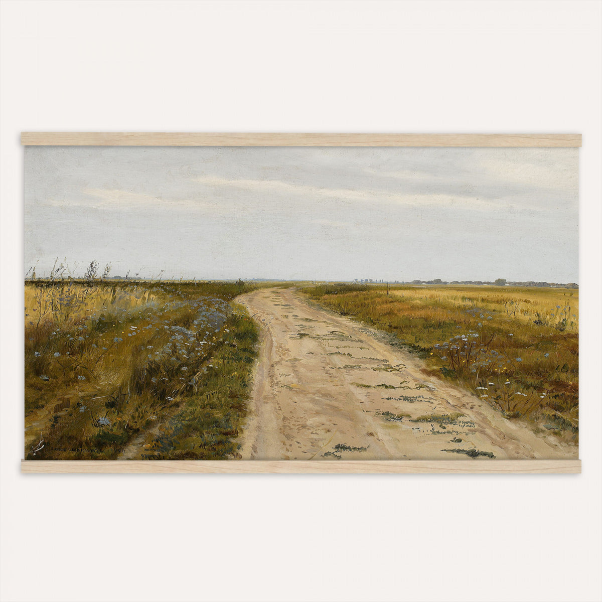 93198256-MGV-TP-30X20 - Realism oil painting tapestry wall hanging of "Field Track" by Jozef Chelmonski, showing a rutted dirt track cutting through open meadow grass toward a low horizon and a wide country sky in warm earth track tones with green meadow grass under a broad sky. Extra large wall art, made in the USA.