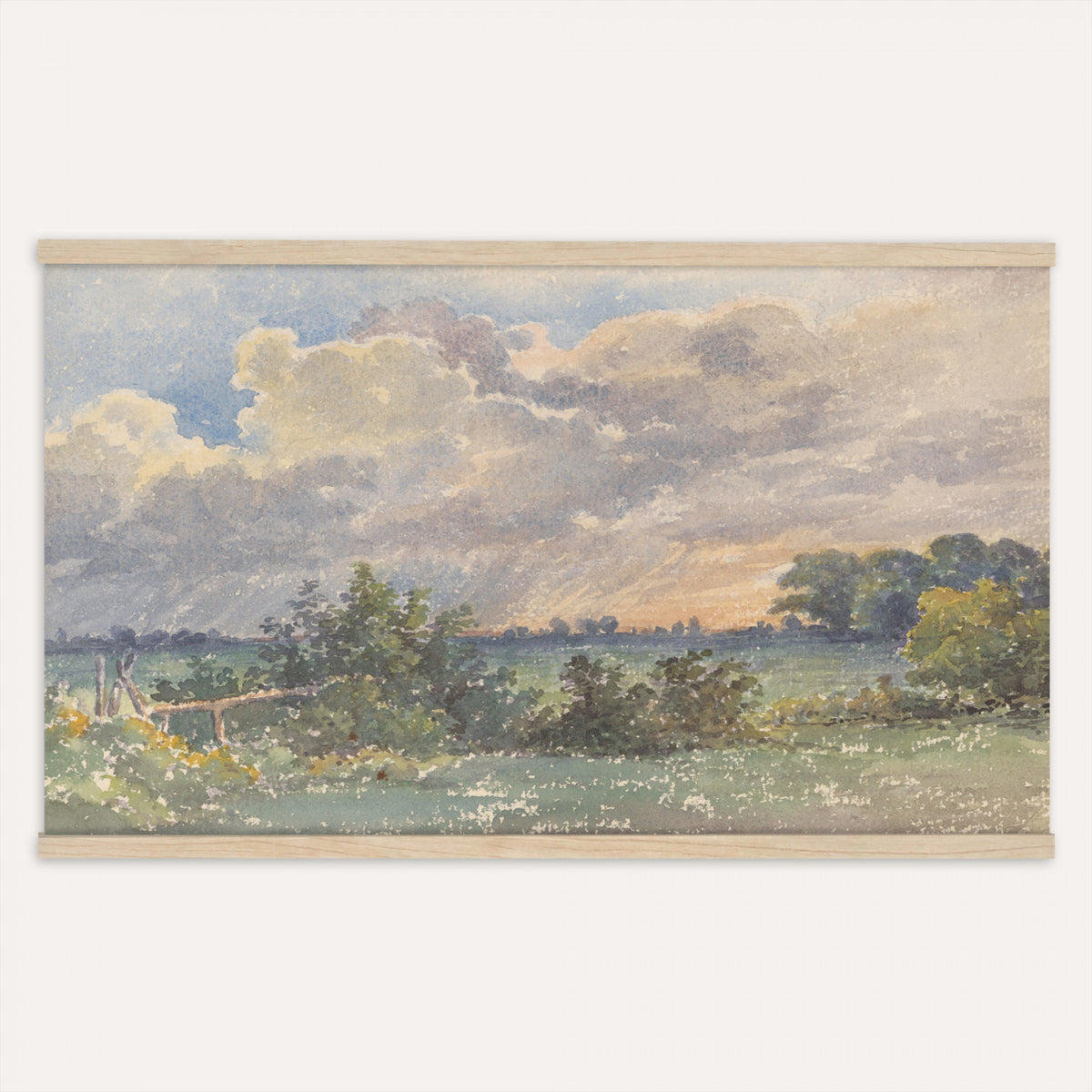 30588477-MGV-TP-30X20 - Realism oil painting tapestry wall hanging of "Landscape with Storm Clouds" by Jean-Baptiste Calame, showing heavy storm clouds gathering over a low country field, with a dark tree line holding the horizon in dark grey storm clouds over muted green fields. Extra large wall art, made in the USA.