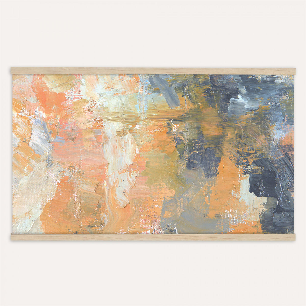 92754702-MGV-TP-30X20 - Cubism abstract oil painting tapestry wall hanging of "Abstract Landscape" by Nicolas de Stael, showing thick blocks of peach, grey, and cream laid side by side into a landscape that reads as pure shape and color in soft peach, warm grey, and cream color blocks. Extra large wall art, made in the USA.