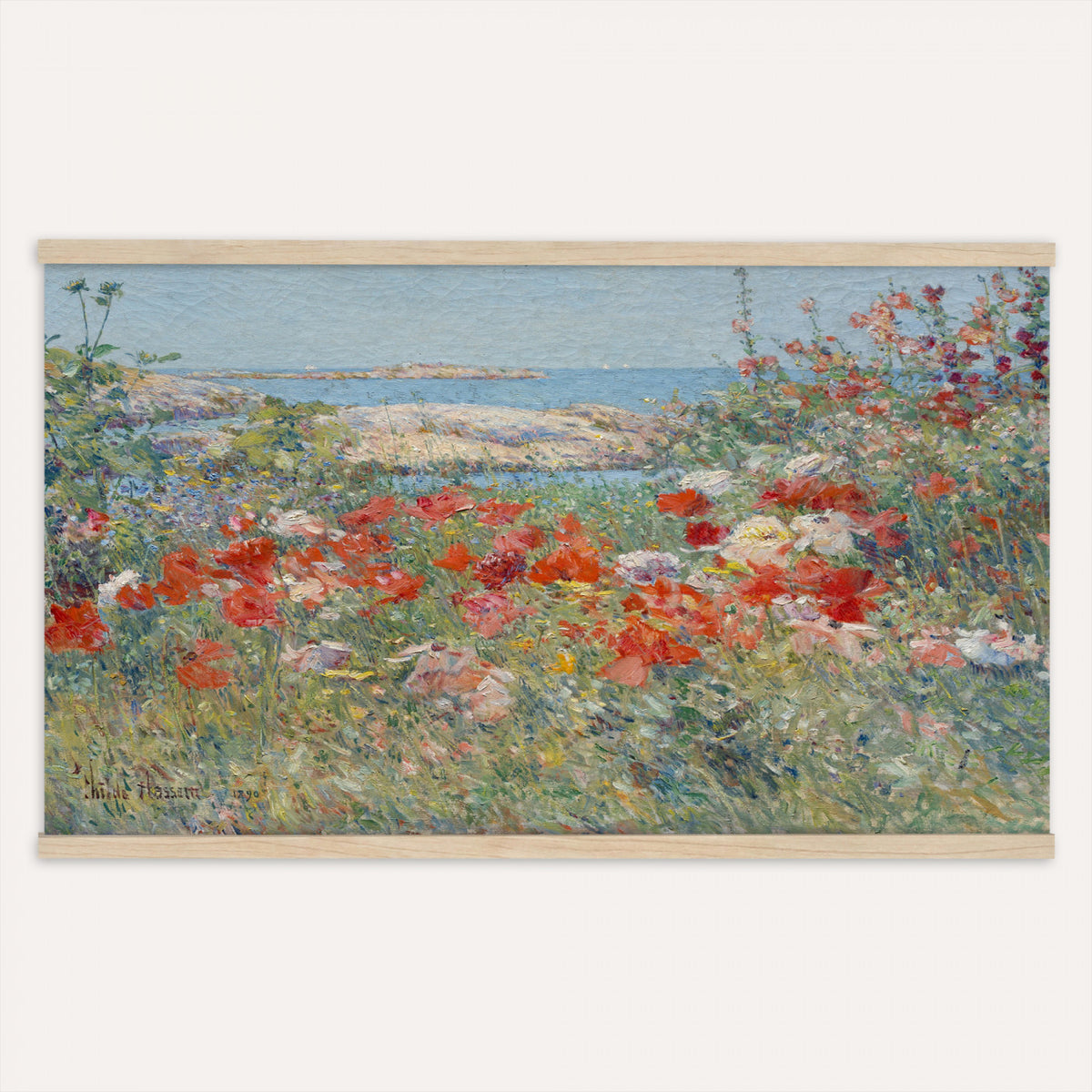 16720314-MGV-TP-30X20 - Impressionism oil painting tapestry wall hanging of "Celia Thaxter's Garden, Isles of Shoals" by Childe Hassam, showing a cliffside garden bursting with red poppies above a bright blue sea and rocky island shore in vivid red poppies against deep blue sea and green garden foliage. Extra large wall art, made in the USA.
