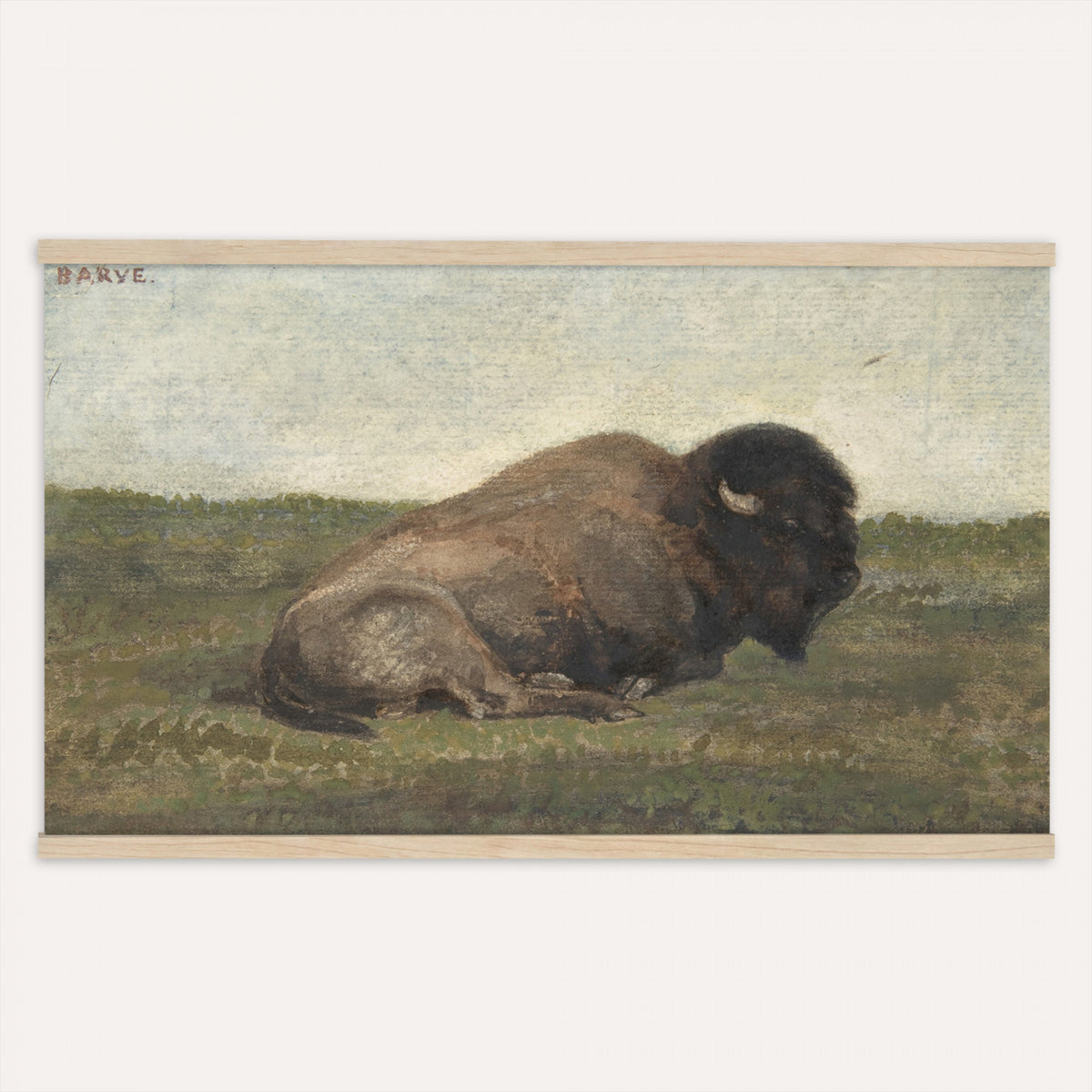 59987270-MGV-TP-30X20 - Realism oil painting tapestry wall hanging of "Bison Lying Down" by Antoine-Louis Barye, showing a heavy bison at rest on open prairie ground, painted with weight and quiet animal presence in deep brown bison coat against muted prairie grass and a low sky. Extra large wall art, made in the USA.