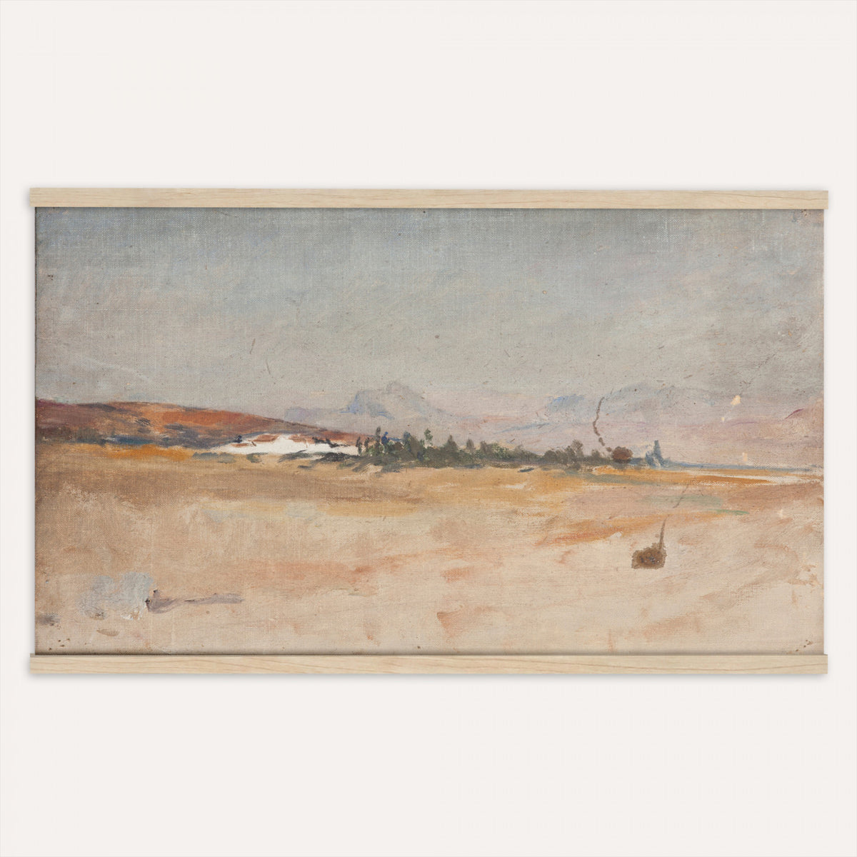 54607912-MGV-TP-30X20 - Impressionism oil painting tapestry wall hanging of "Antequera" by Jan Ciaglinski, showing the dry Andalusian hills above Antequera in warm ochre and rose light, with pale rock ridges rolling into the distance in warm ochre, rose, and sand hill tones under a bright hazy sky. Extra large wall art, made in the USA.