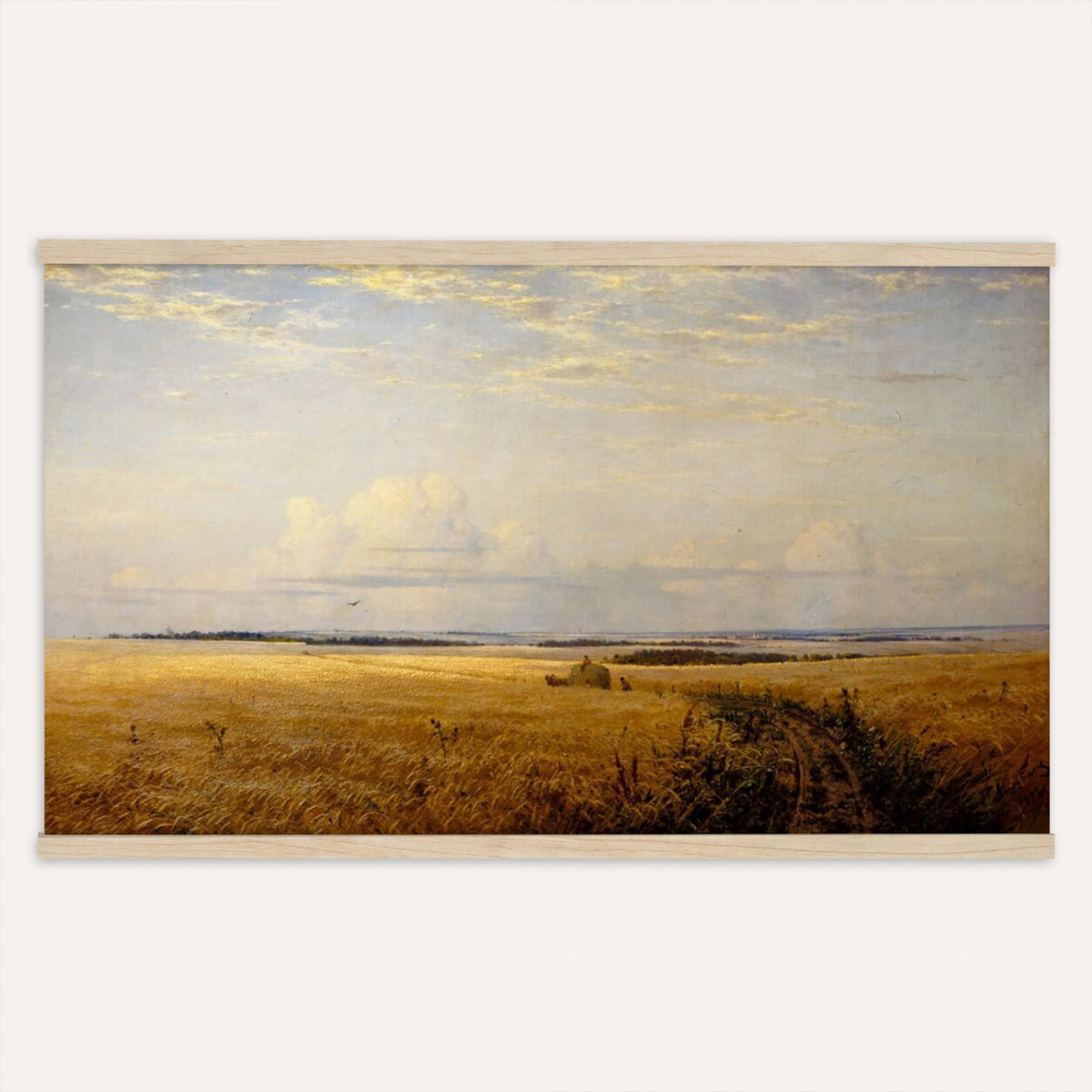 93054953-MGV-TP-30X20 - Art Nouveau watercolor tapestry wall hanging of "Landscape Watercolor" by William Morris, showing a broad valley of soft hills and hedged fields, painted in loose transparent washes under an open sky in soft sage and blue-green hills under a pale washed sky. Extra large wall art, made in the USA.
