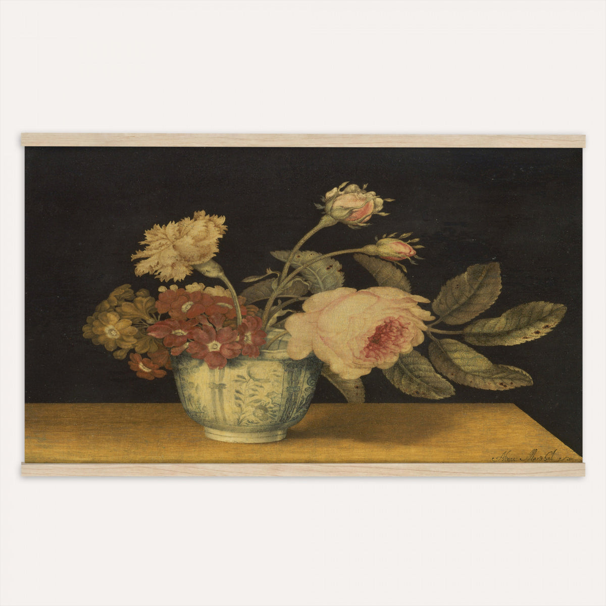 41160341-MGV-TP-30X20 - Impressionism oil painting tapestry wall hanging of "Golden Roses" by Olga Boznanska, showing a loose bunch of golden yellow roses in a glass vase, painted with soft dissolving edges against a warm ground in warm golden-yellow rose petals against a soft muted brown background. Extra large wall art, made in the USA.