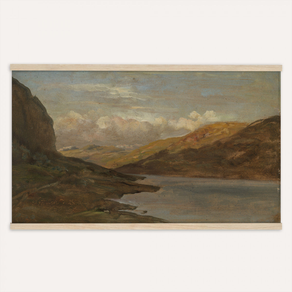 80242556-MGV-TP-30X20 - Neo Impressionism oil painting tapestry wall hanging of "Pool in the Kempen" by Theo van Rysselberghe, showing a still heath pool in the Campine, ringed by low scrub and slender birches under a soft northern sky in cool blue-green water with pale heath grasses and slim birch trunks. Extra large wall art, made in the USA.