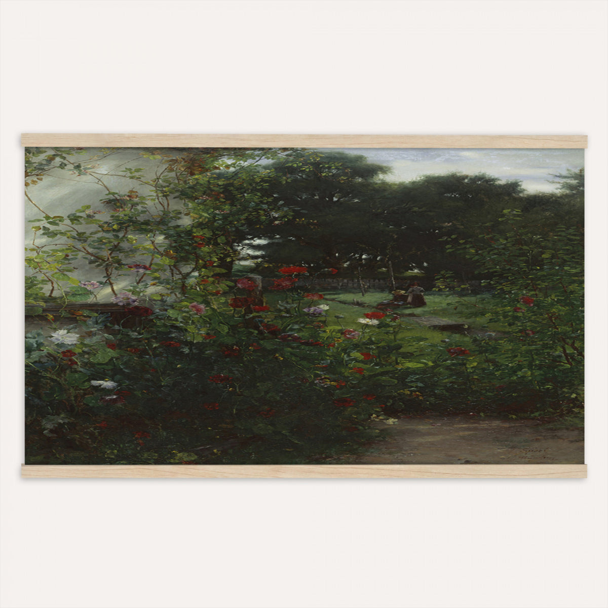 99581515-MGV-TP-30X20 - Barbizon oil painting tapestry wall hanging of "By the Brook" by Xavier De Cock, showing a shaded brook winding through dense woodland, with a small hidden figure resting among the trees in dark layered forest greens with warm brown earth and pale water light. Extra large wall art, made in the USA.