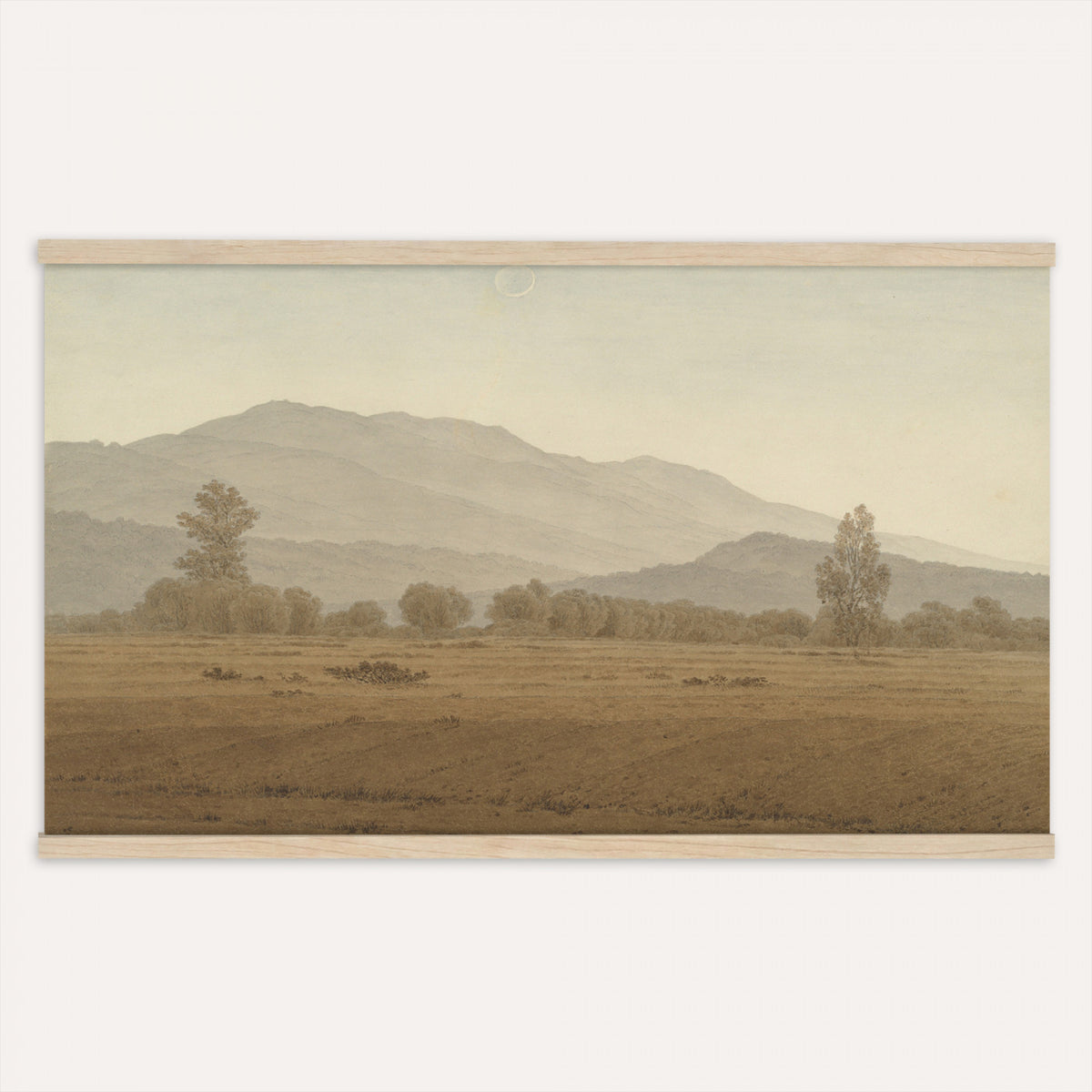 65089395-MGV-TP-30X20 - Realism oil study tapestry wall hanging of "Landscape Study at Grez-sur-Loing" by Frans Van Leemputten, showing an open field study at Grez-sur-Loing, with loose brushwork across low crops, hedgerows, and a soft French sky in soft field greens and warm earth tones under a pale washed sky. Extra large wall art, made in the USA.