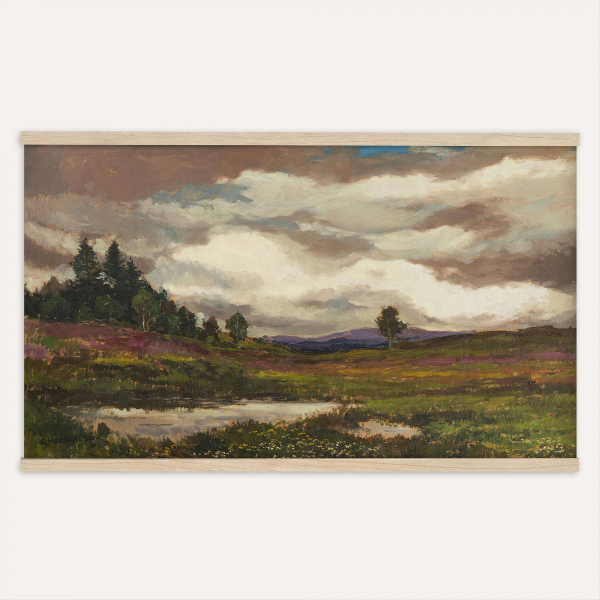 51034939-MGV-TP-30X20 - Impressionism oil painting tapestry wall hanging of "Flowering Meadow" by Olga Wisinger-Florian, showing a bright meadow of white wildflowers and green bushes rising toward a shaded purple hillside in white wildflowers and green bushes under a purple forest hillside. Extra large wall art, made in the USA.