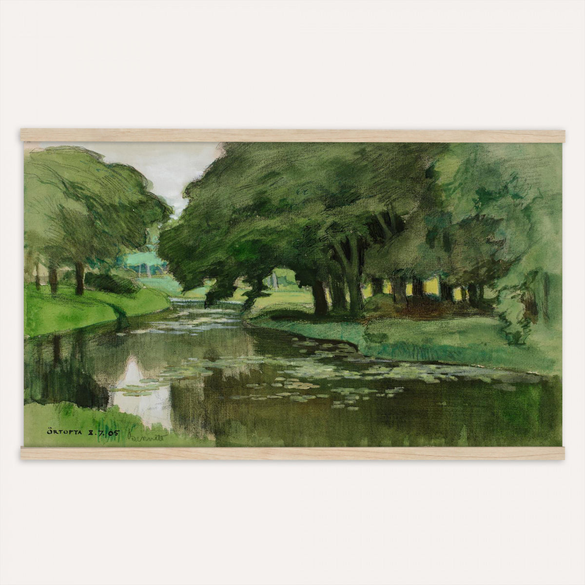 91917894-MGV-TP-30X20 - Tonalism oil painting tapestry wall hanging of "Hill and Marshland" by Charles Harold Davis, showing a low marsh threaded with still water channels, tall reeds, and a rounded hill under a wide luminous sky in muted marsh greens and browns under a wide pale luminous sky. Extra large wall art, made in the USA.