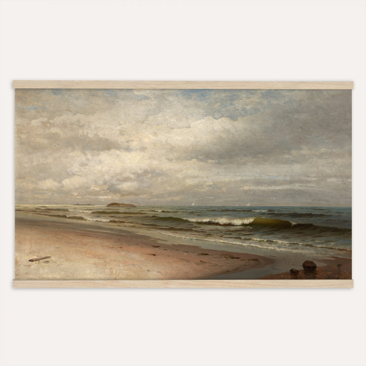 14251382-MGV-TP-30X20 - Impressionism oil painting tapestry wall hanging of "View of the Seacoast near Wargemont in Normandy" by Pierre-Auguste Renoir, showing green Normandy cliffs rolling down to a bright sea, with scattered shrubs and a light-filled summer sky in fresh greens and soft blues with warm sunlit highlights. Extra large wall art, made in the USA.