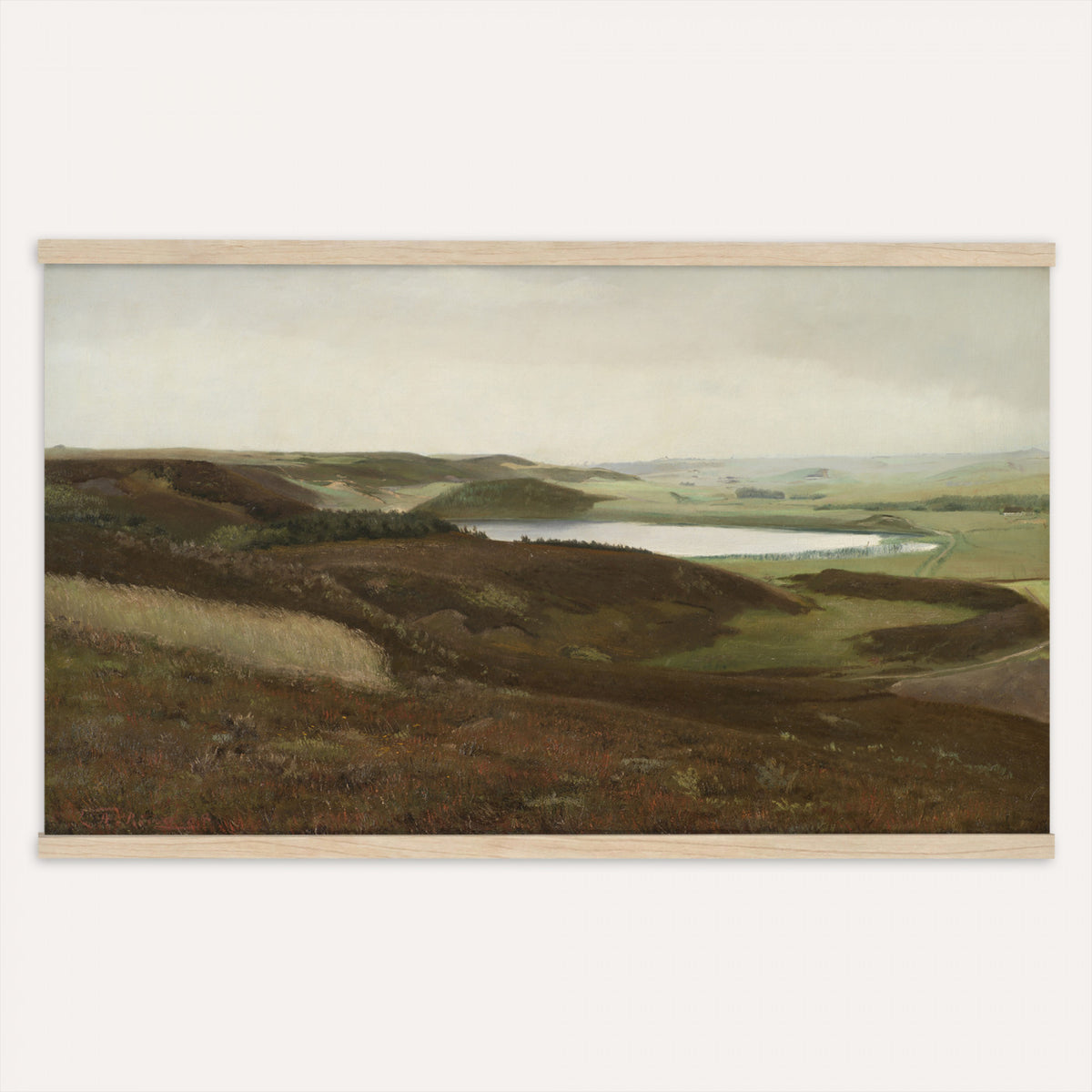 13706816-MGV-TP-30X20 - Expressionism oil painting tapestry wall hanging of "Dunes" by James Ensor, showing a steep dune ridge cutting across the canvas, with wind-bent grasses and a heavy sky pressing down behind it in muted sand and olive dune tones under a dark weighted sky. Extra large wall art, made in the USA.