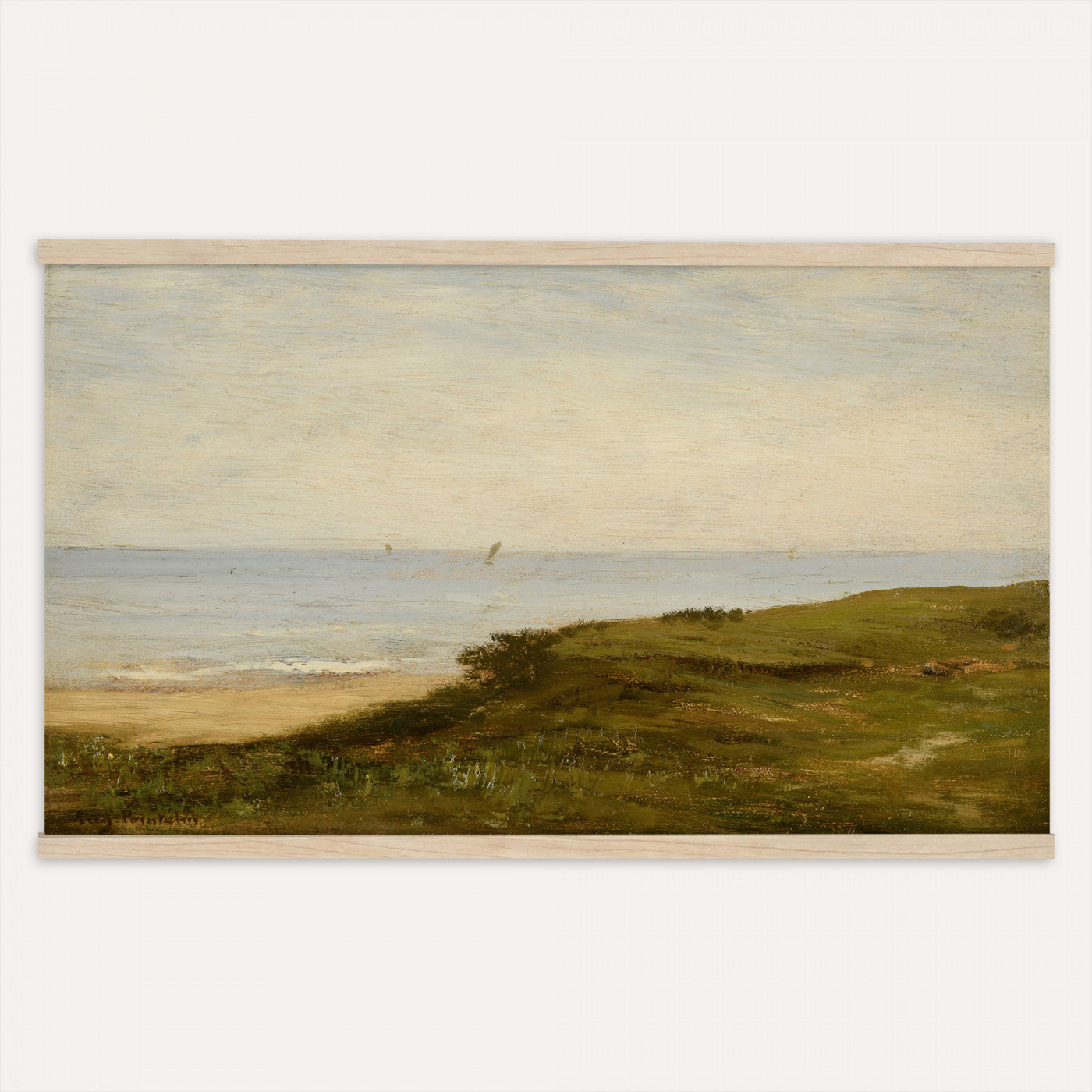 33440930-MGV-TP-30X20 - Impressionism oil painting tapestry wall hanging of "Beach Dunes" by Max Clarenbach, showing low rolling sand dunes topped with pale beach grass, opening toward a quiet sea under a wide soft sky in pale sand tones and dune grass under a wide soft blue-grey sky. Extra large wall art, made in the USA.