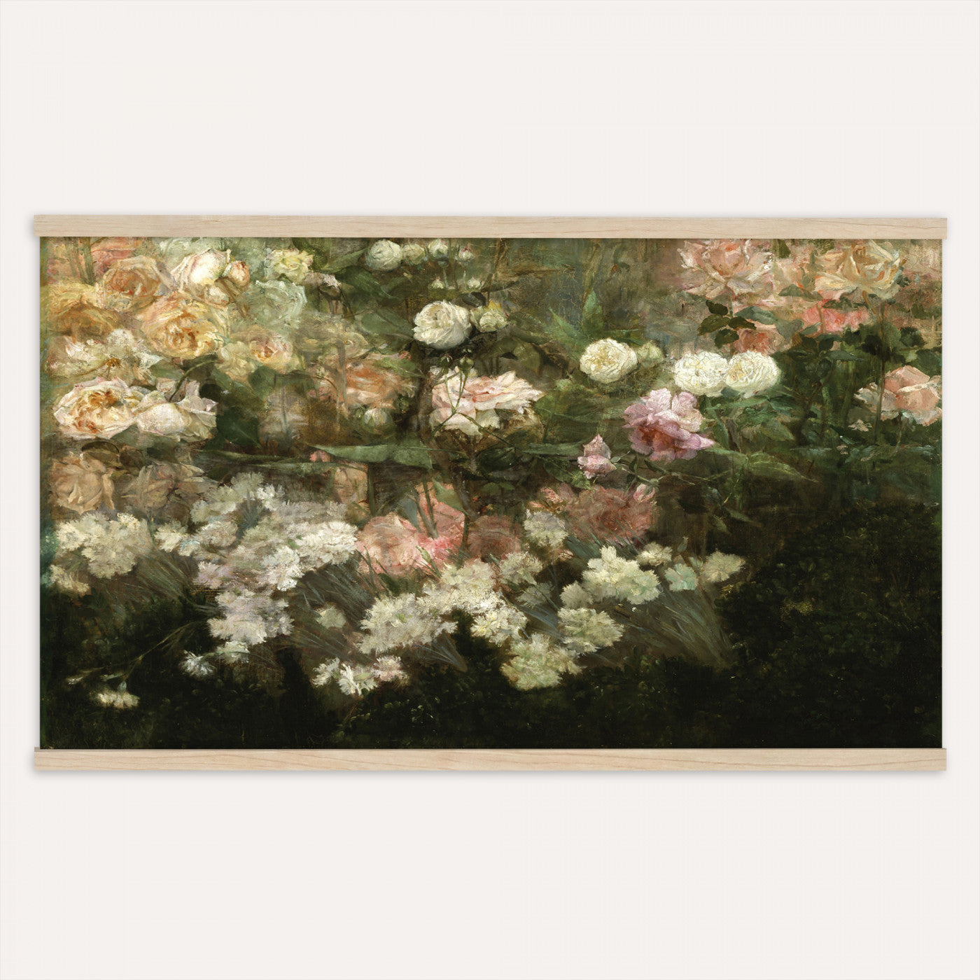 82392202-MGV-TP-30X20 - Post Impressionism oil painting tapestry wall hanging of "White Roses" by Tadeusz Makowski, showing a full bunch of white roses in a simple vase, softly lit against a plain shadowed background in creamy white rose petals and green leaves against a muted warm background. Extra large wall art, made in the USA.