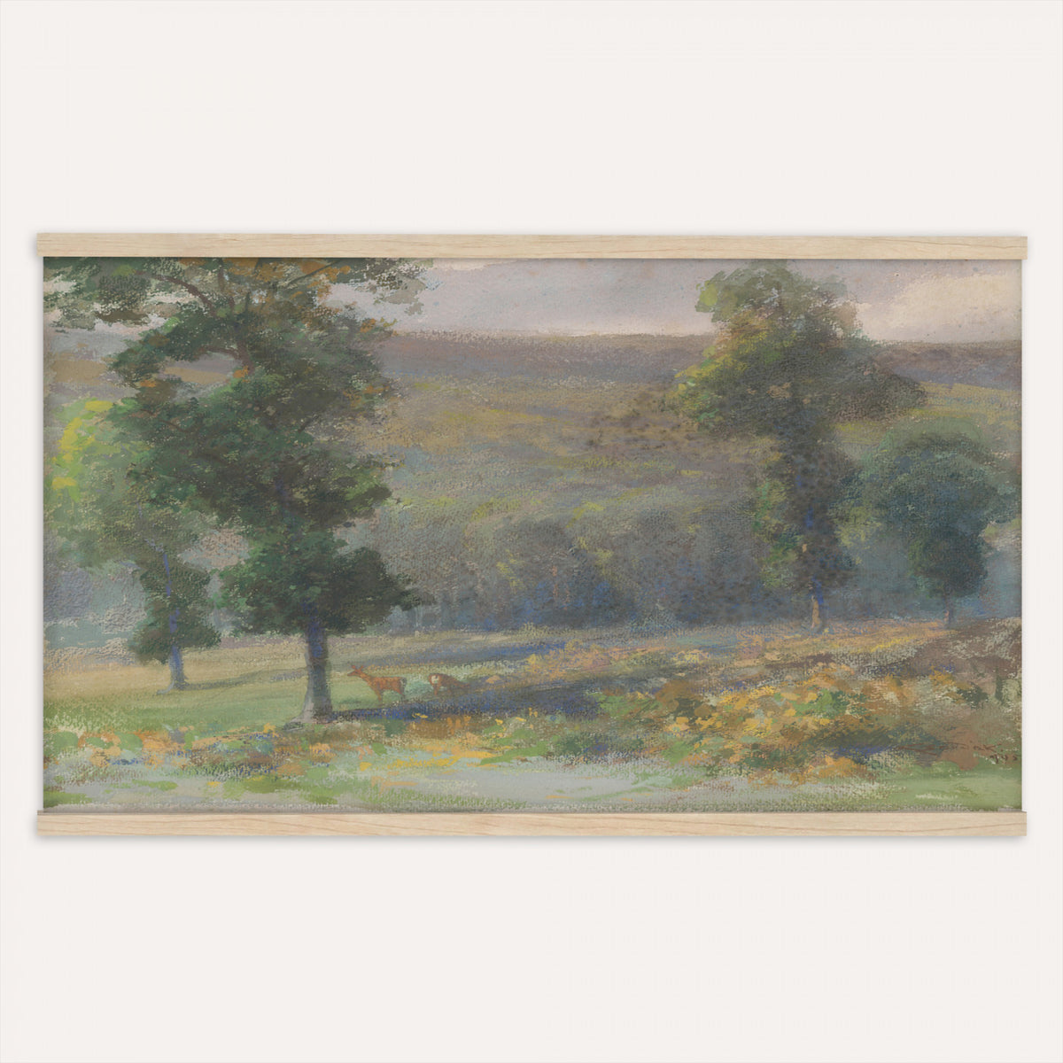 18426804-MGV-TP-30X20 - Barbizon watercolor tapestry wall hanging of "View of a Stream" by Henri-Joseph Harpignies, showing a narrow stream curving through soft banks, with a worn footpath and full leafy trees closing in overhead in soft green foliage and cool blue water under a pale washed sky. Extra large wall art, made in the USA.