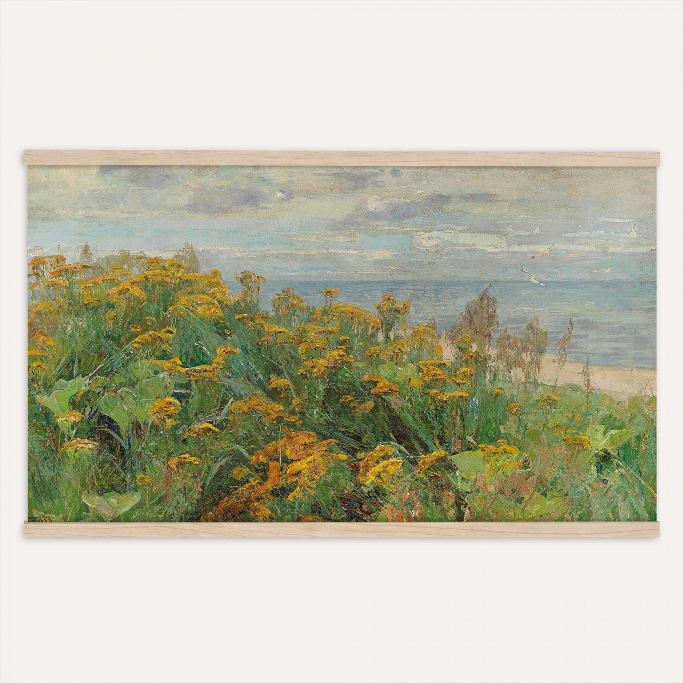 16996210-MGV-TP-30X20 - Impressionism oil painting tapestry wall hanging of "Blumenwiese" by Alexander Koester, showing a thick summer meadow packed with white and yellow wildflowers, tall grasses, and sunlit greenery in white and yellow wildflowers across deep summer green grass. Extra large wall art, made in the USA.