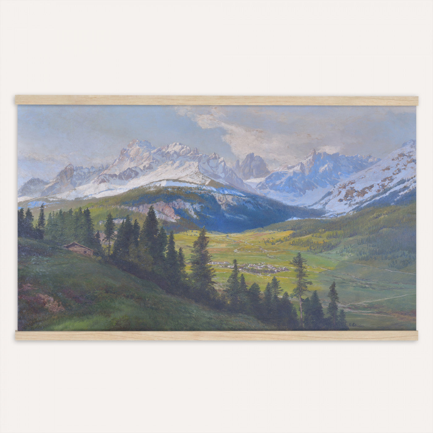 10840888-MGV-TP-30X20 - Romanticism oil study tapestry wall hanging of "A Lake Landscape" by Joseph Selleny, showing a still mountain lake under gathering storm clouds, with steep dark slopes falling straight into the water in deep slate blue water and dark mountain slopes under a heavy grey sky. Extra large wall art, made in the USA.