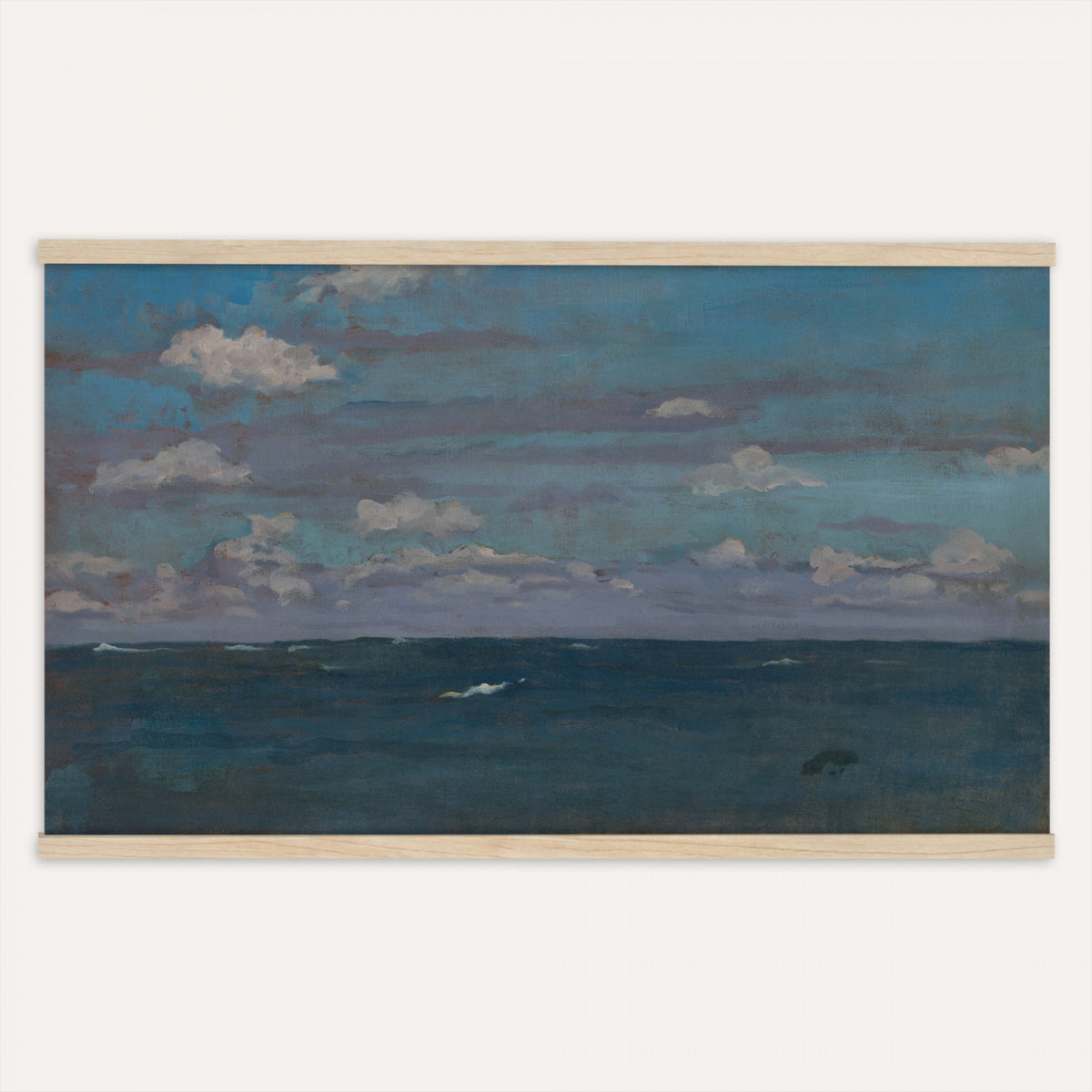 31189911-MGV-TP-30X20 - Art Nouveau pastel study tapestry wall hanging of "The Immensity" by Antoni Fabres, showing a wide empty shoreline meeting a soft pastel sky, with slow drifting clouds and a barely visible horizon line in pale pink, cream, and soft blue cloud tones over a quiet shore. Extra large wall art, made in the USA.