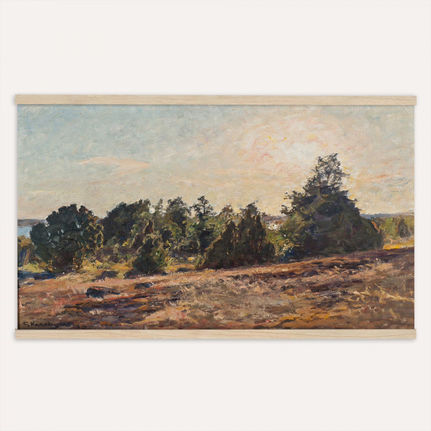 89318871-MGV-TP-30X20 - Impressionism oil painting tapestry wall hanging of "Landscape" by Jane Sutherland, showing a sunlit open field, dry golden grasses, and slender eucalyptus trees leaning under a bright southern sky in warm golden field tones with soft sage-green eucalyptus foliage. Extra large wall art, made in the USA.