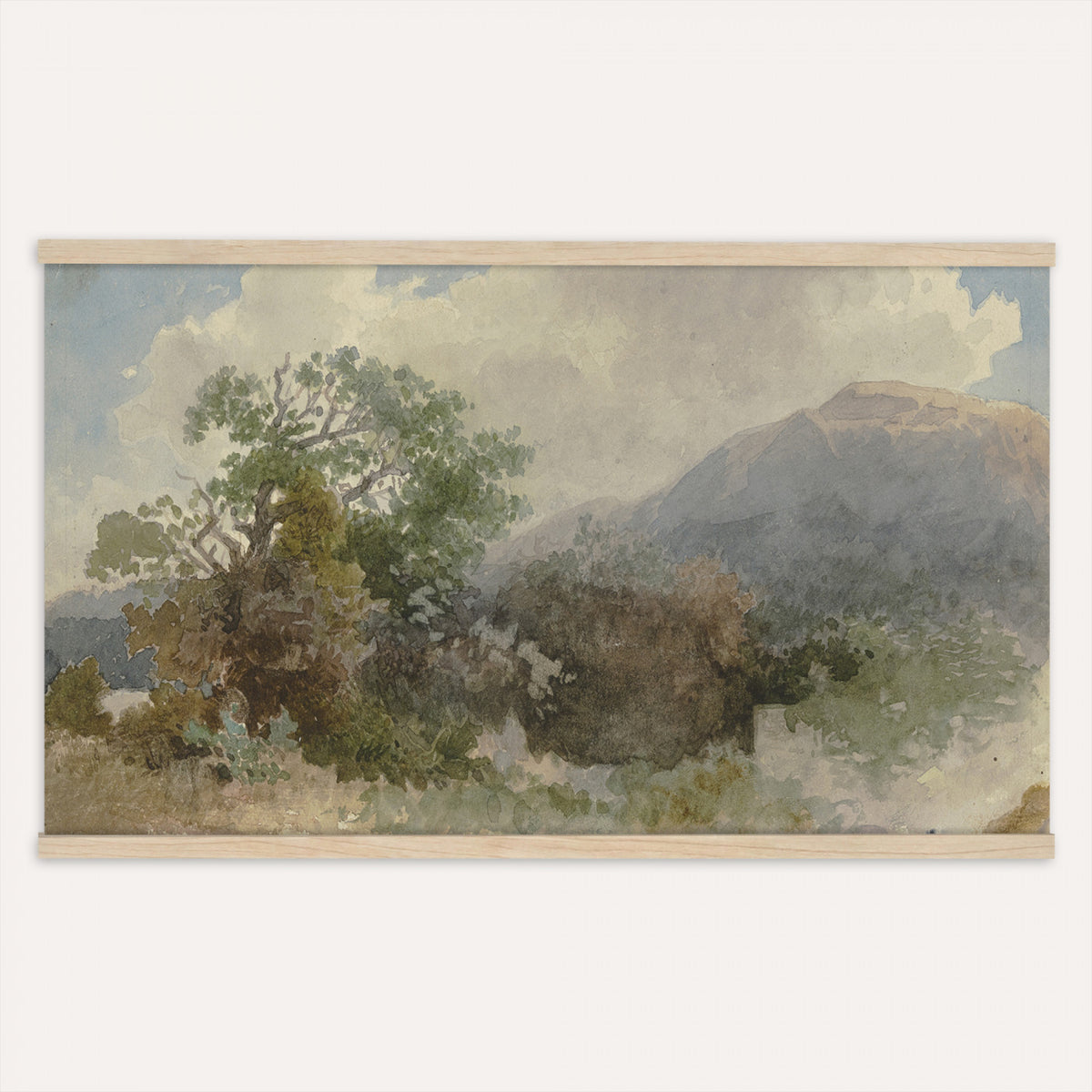 57654233-MGV-TP-30X20 - Romanticism watercolor tapestry wall hanging of "Landscape with a Church" by Thomas Girtin, showing a village church tower rising above open farmland, weathered stone walls, and a wide, luminous English sky in muted grey-blue washes with warm ochre fields and a pale open sky. Extra large wall art, made in the USA.