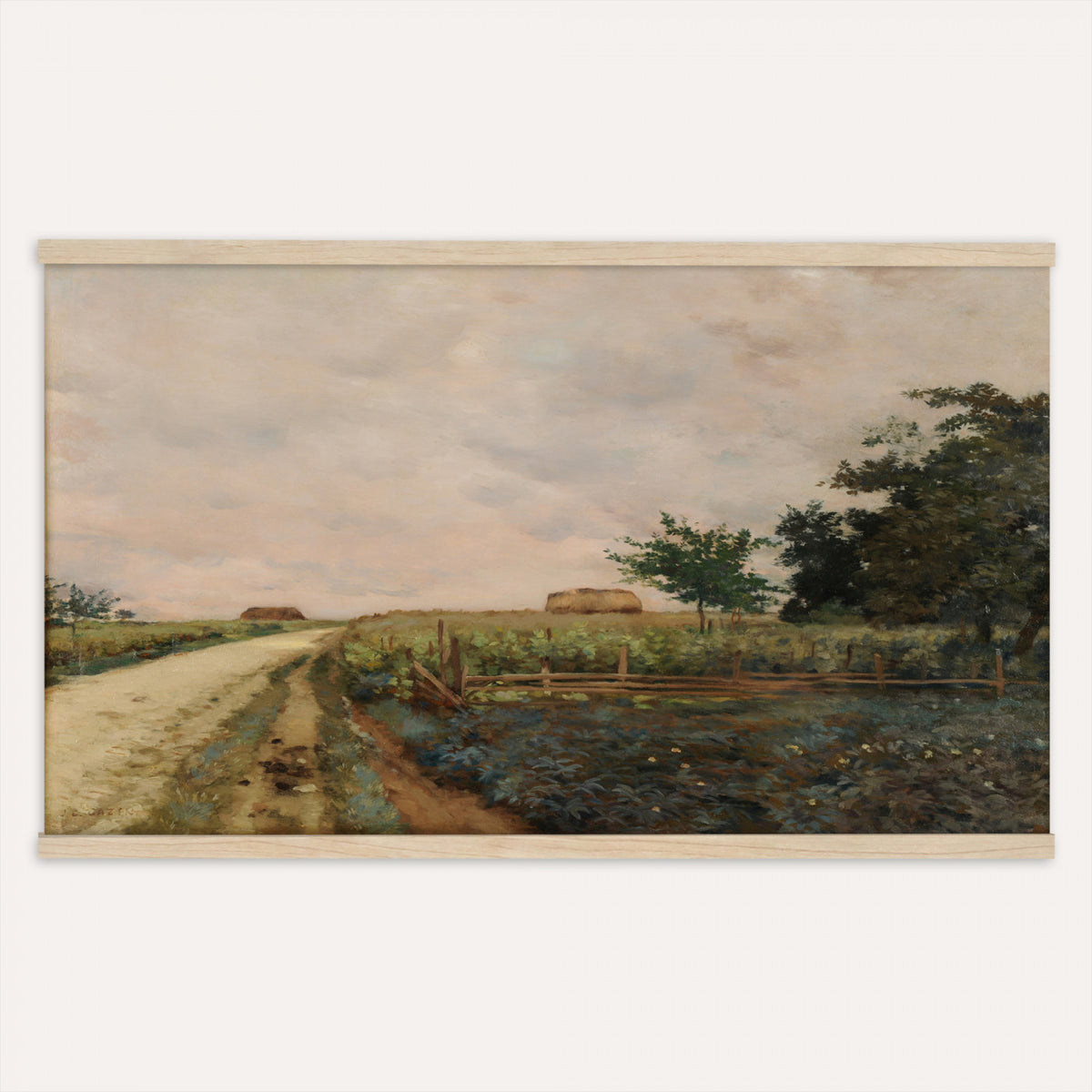 25709765-MGV-TP-30X20 - Realism watercolor tapestry wall hanging of "Landscape with a Windmill" by Jean-Baptiste-Arthur Calame, showing a winding dirt road, traditional thatched-roof farmhouses, and a historic windmill sitting peacefully on the distant horizon in soft brown and green tones under a cloudy sky. Extra large wall art, made in the USA.