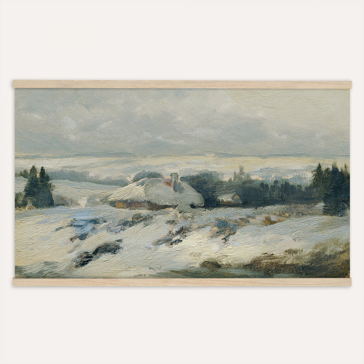 95240376-MGV-TP-30X20 - Realism oil painting tapestry wall hanging of "Bohmisch-Mahrische Hohe" by Ferdinand Engelmuller, showing a snow-covered highland village with low cottages, bare trees, and deep drifts stretching toward pale winter hills in cool white snow with warm ochre cottage walls under a pale winter sky. Extra large wall art, made in the USA.